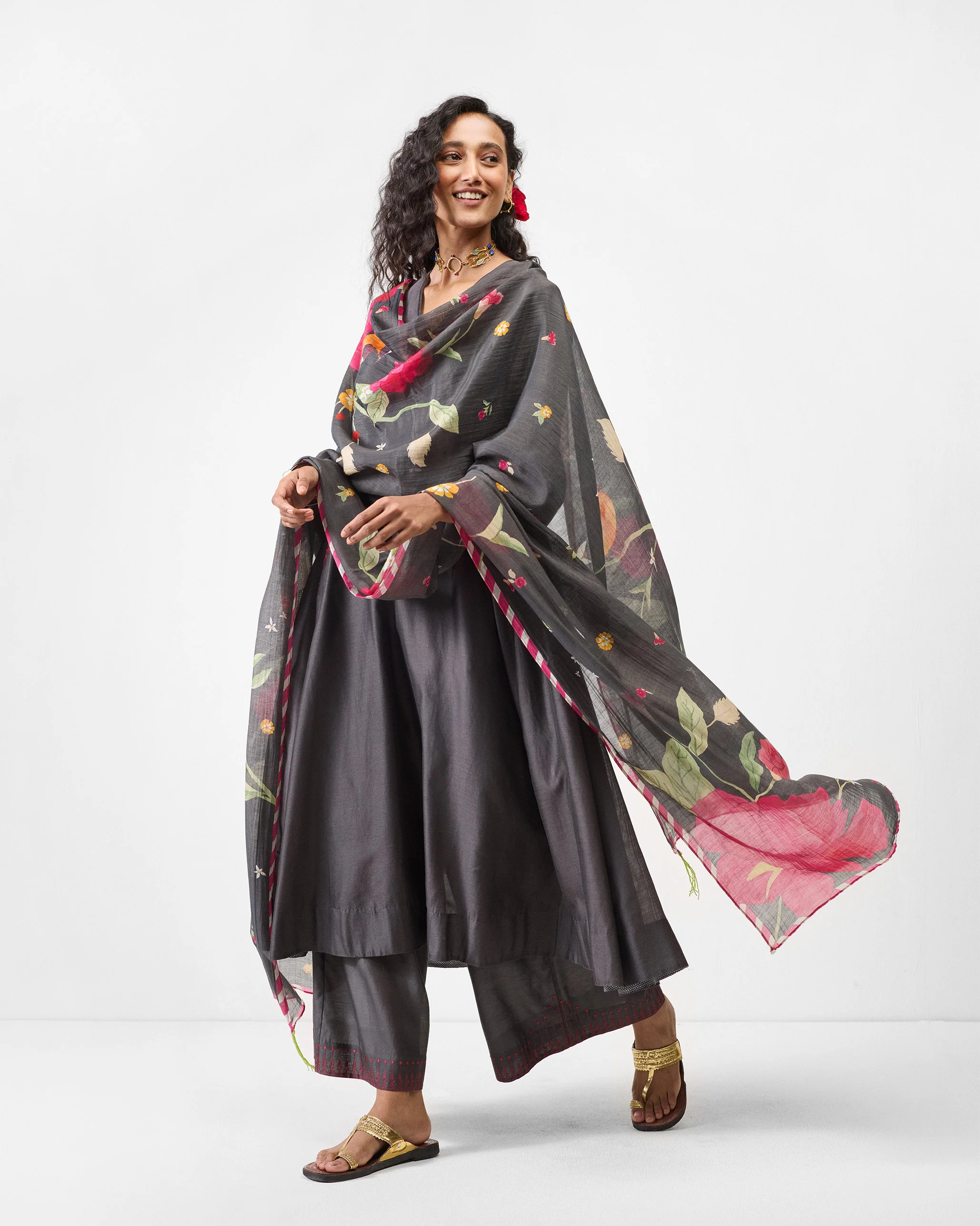 Lama Smocked Kurta - Charcoal & Watermelon Embroidered - Image 7