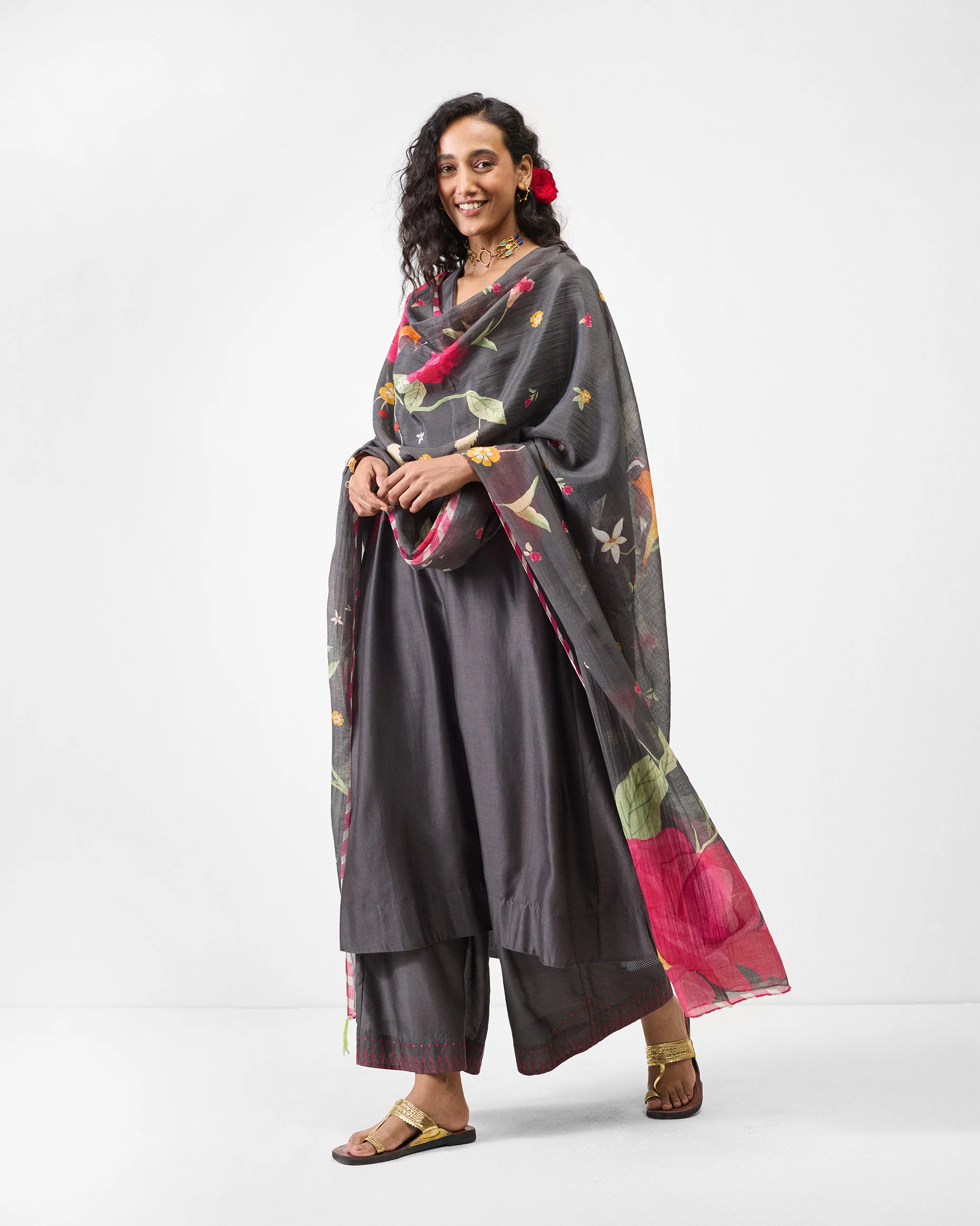 Lama Smocked Kurta - Charcoal & Watermelon Embroidered - Image 8