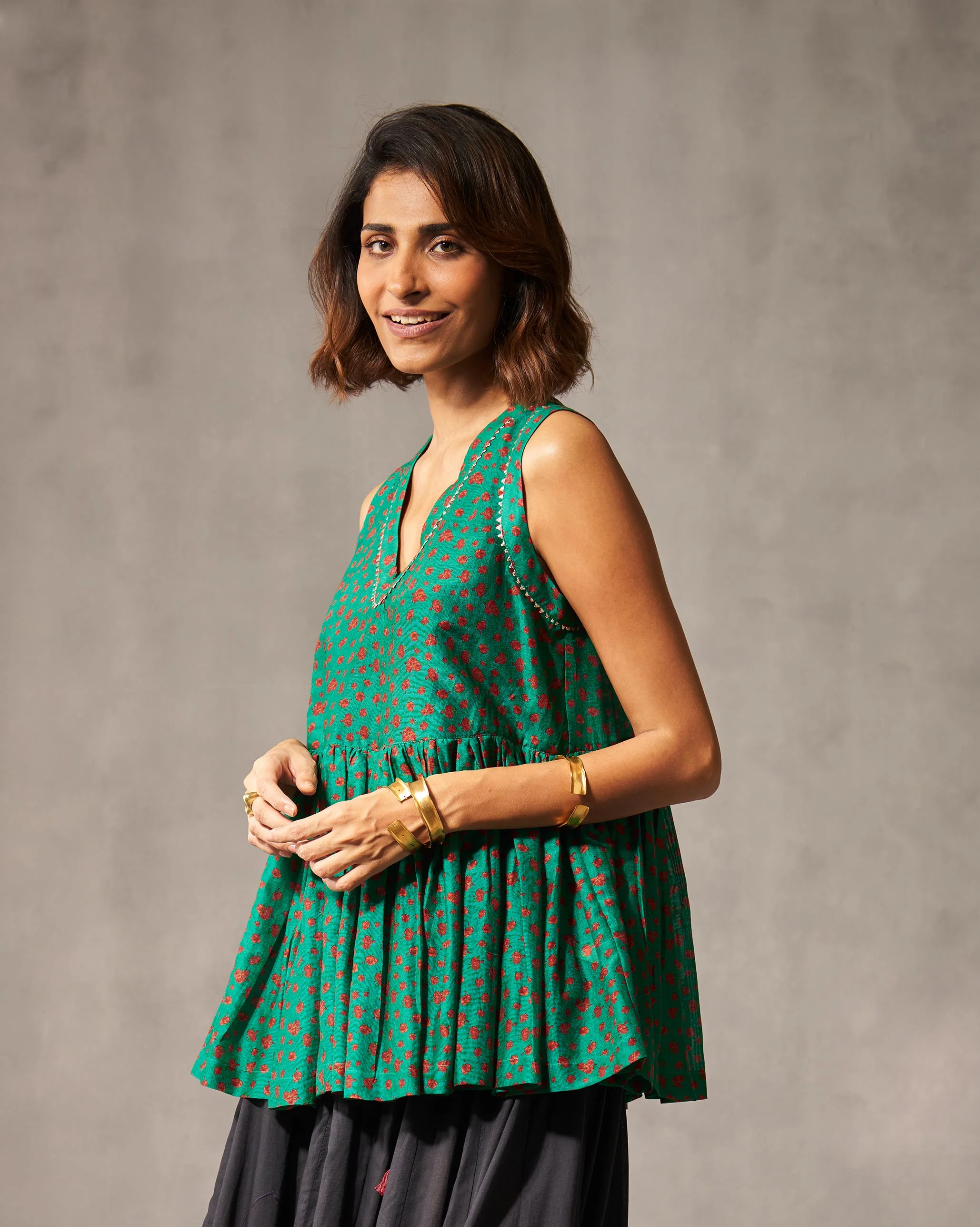 Lolo Gathered Top - Green & Red Print - Image 3