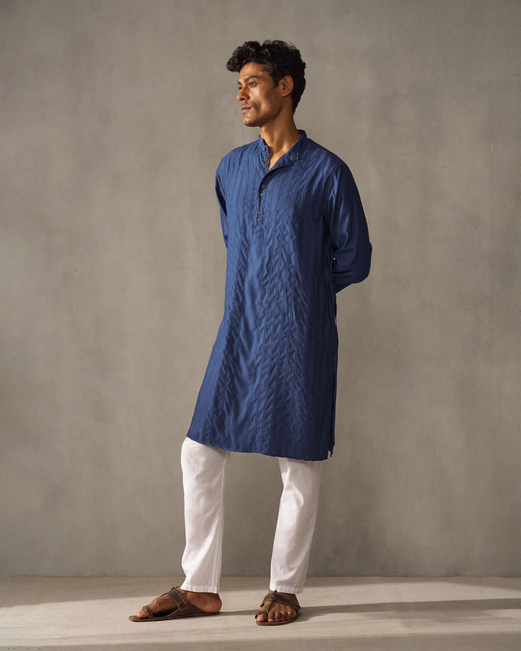 Long Pleated Kurta - Navy - Image 5