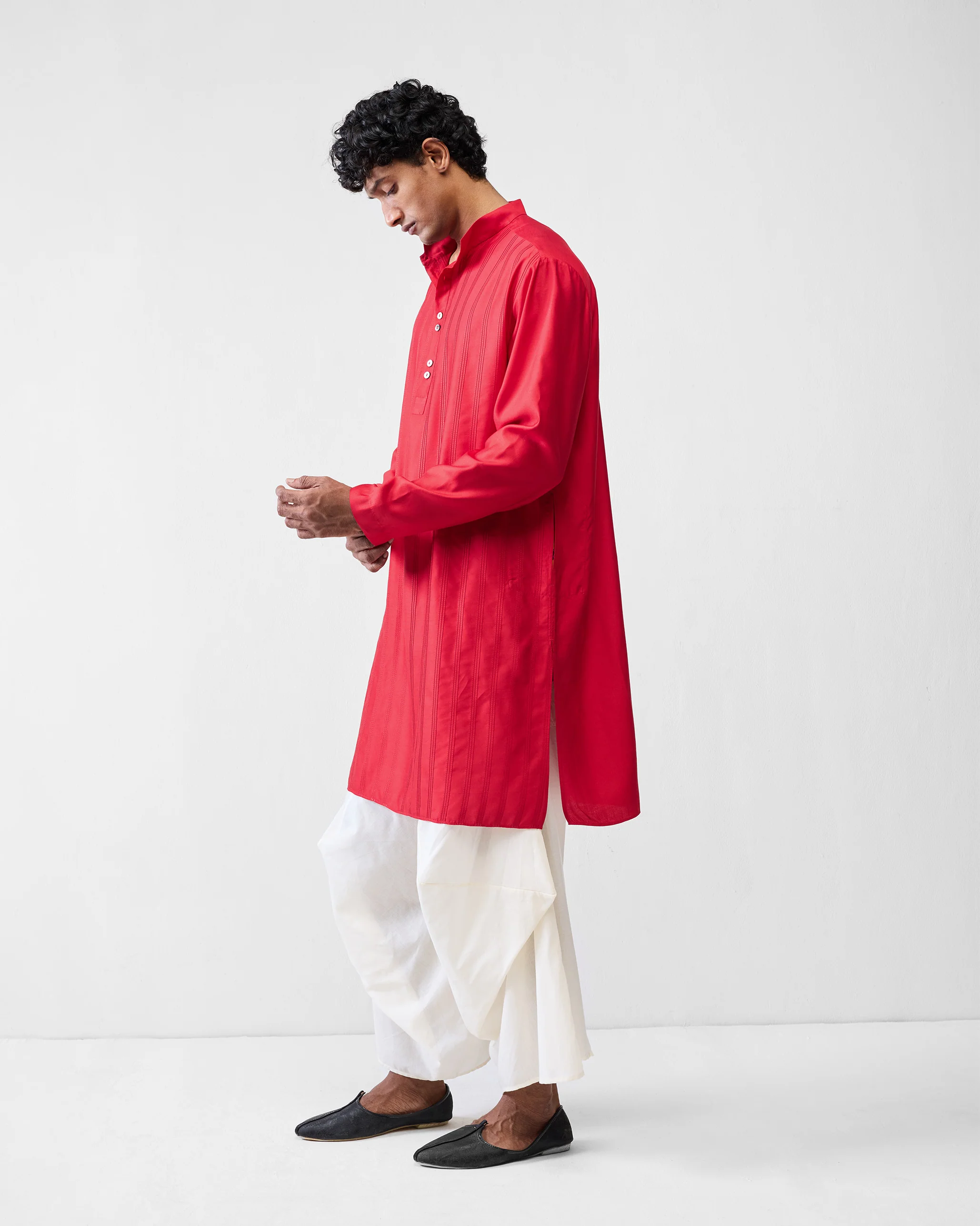 Long Pleated Kurta - Red - Image 4