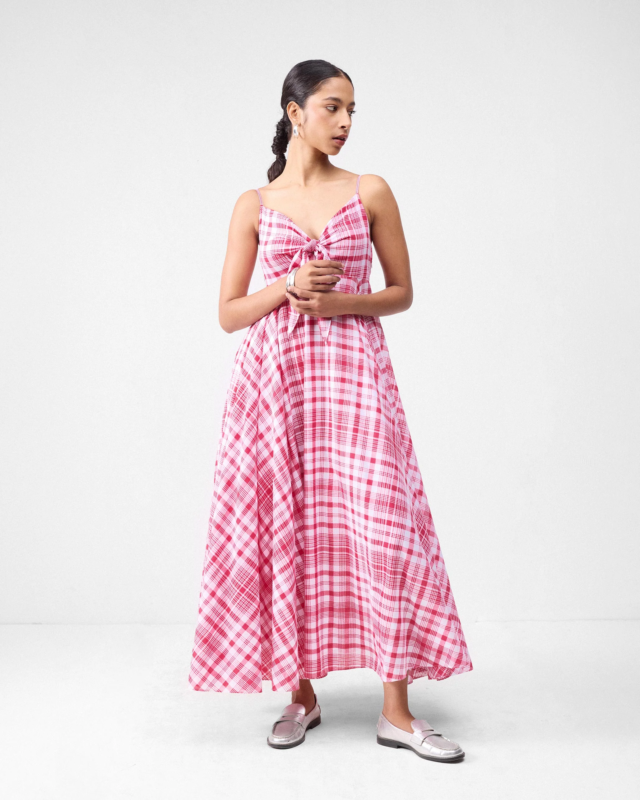 Long Strappy Dress - Watermelon & White Checks - Image 2