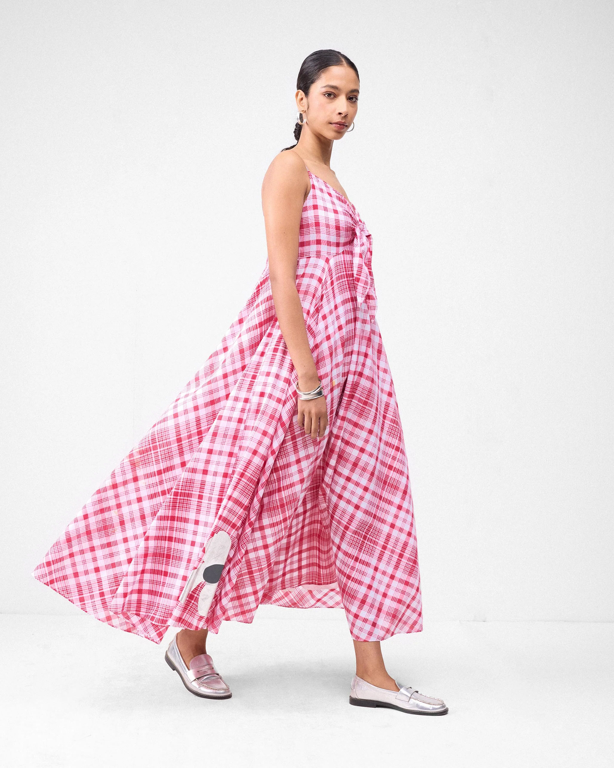 Long Strappy Dress - Watermelon & White Checks - Image 5