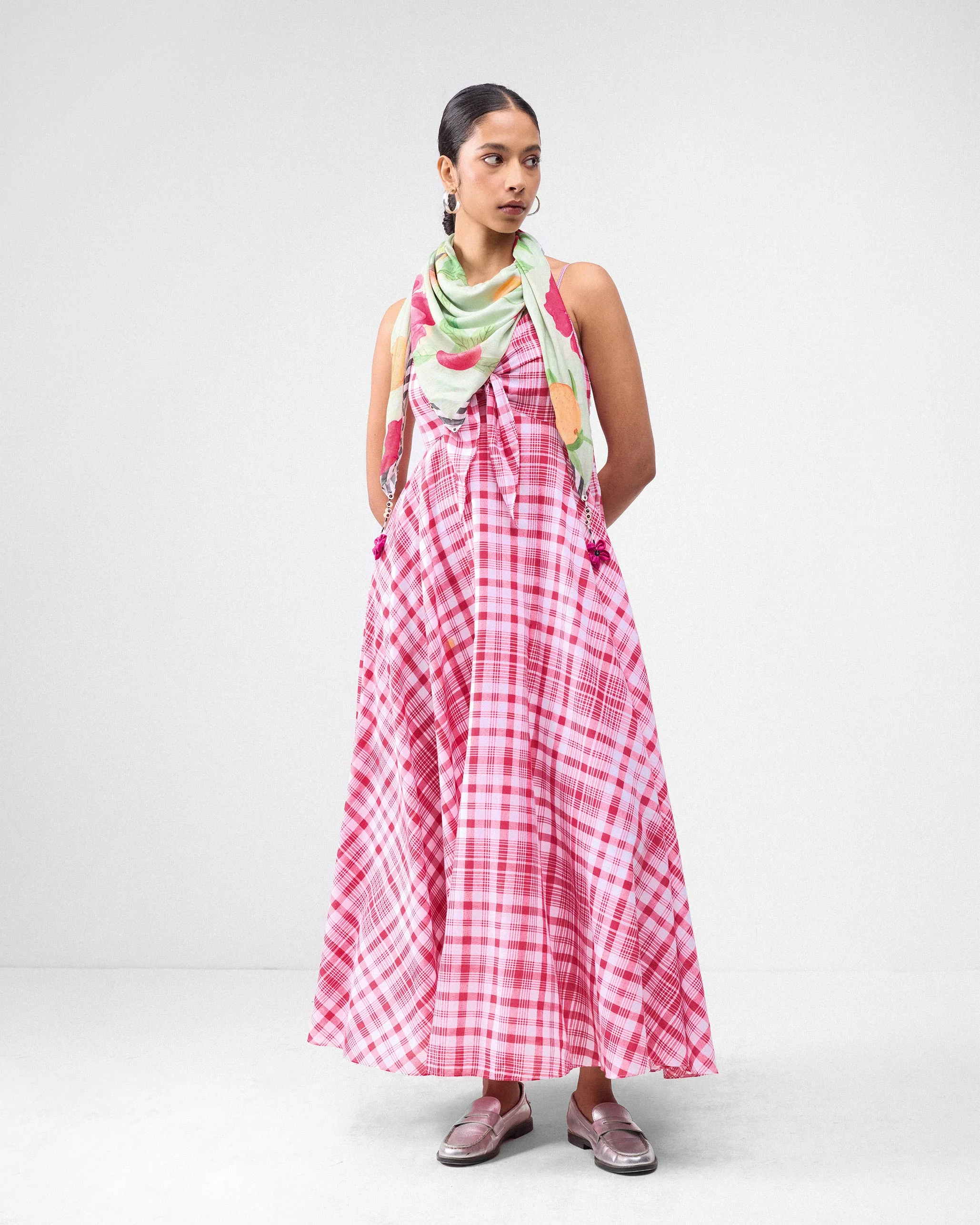 Long Strappy Dress - Watermelon & White Checks - Image 8