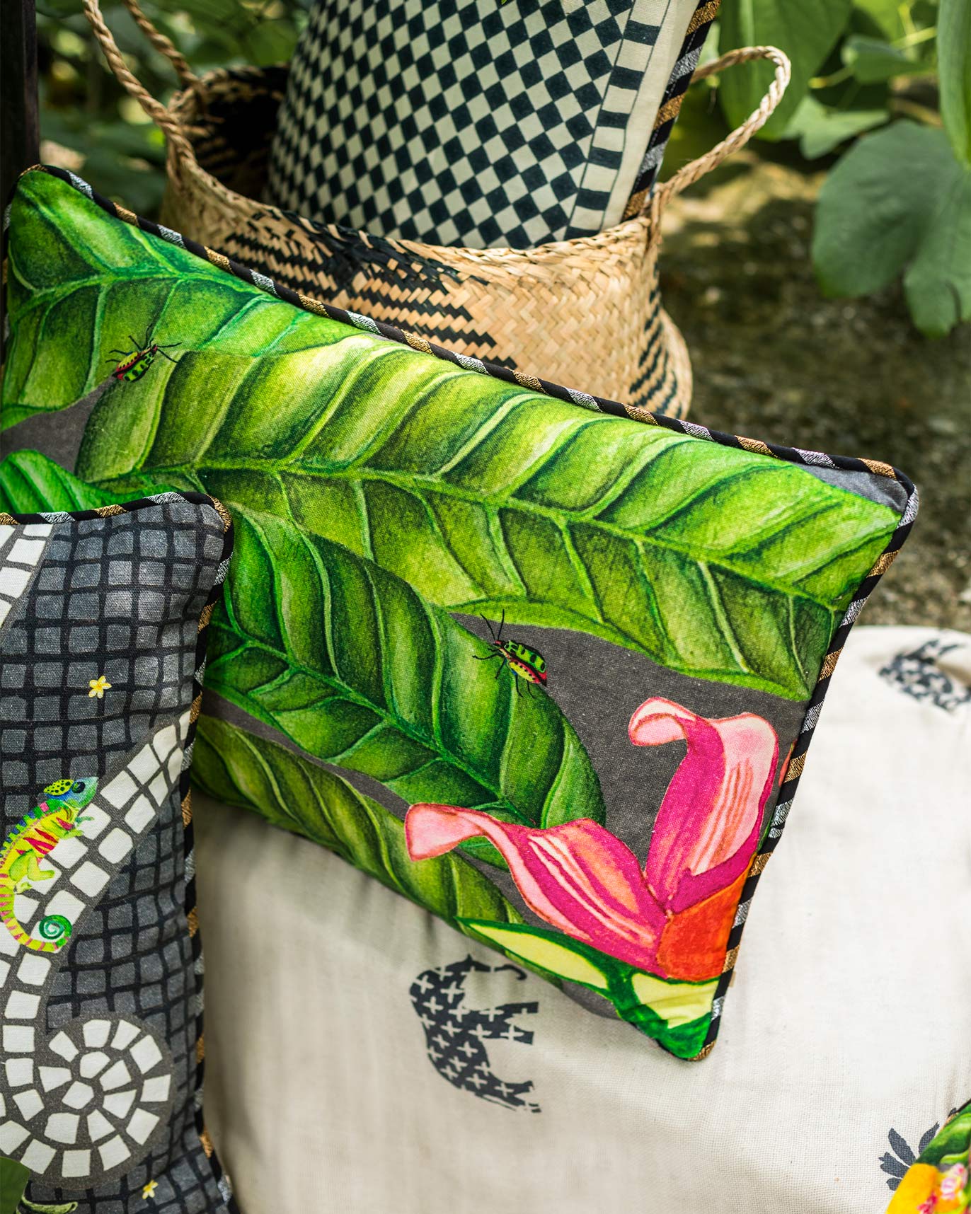 Madagascar Foliage Lumbar Cushion Cover - Charcoal - Image 2