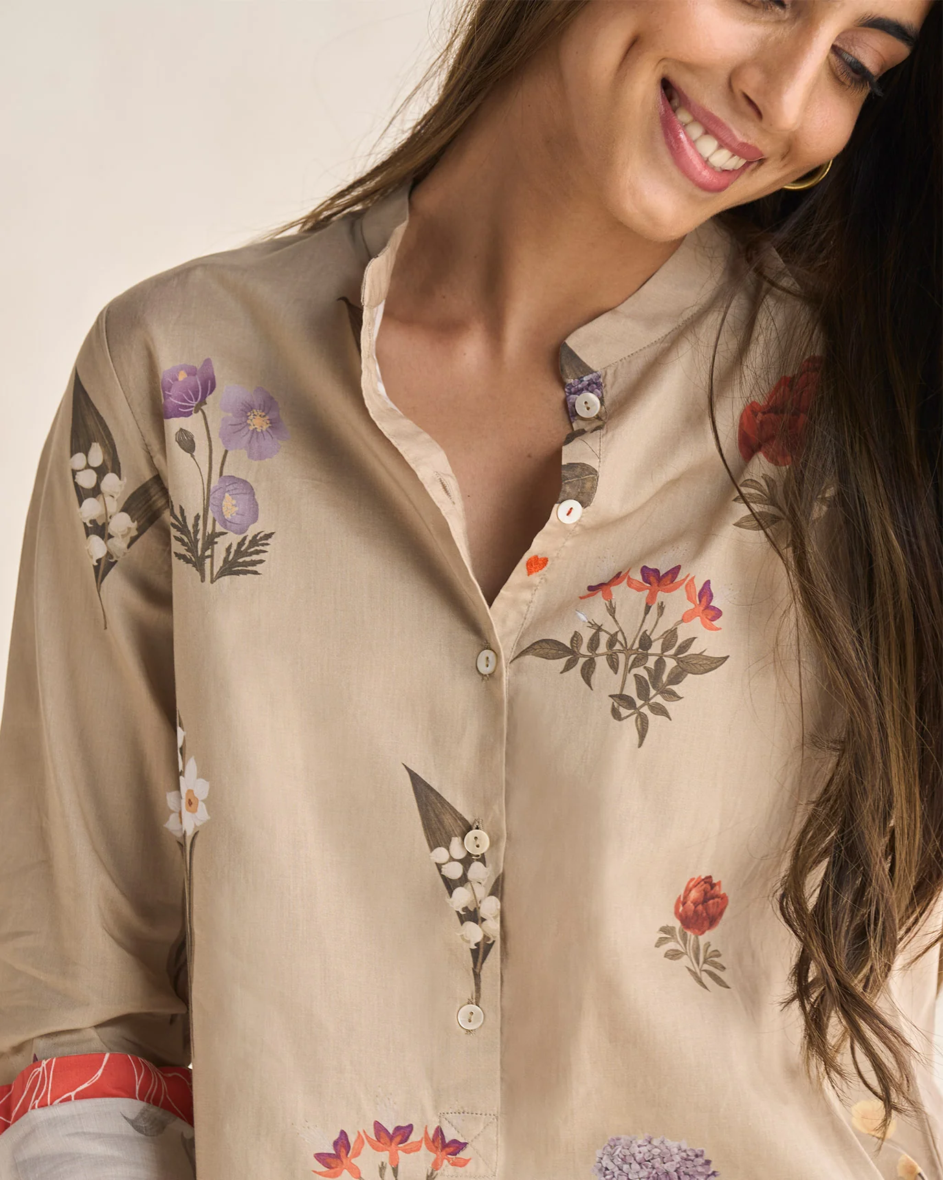 Mandarin Collar Shirt - Beige - Image 2