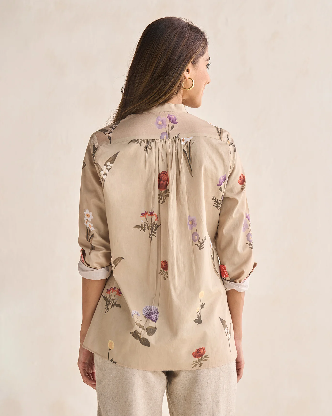Mandarin Collar Shirt - Beige - Image 4