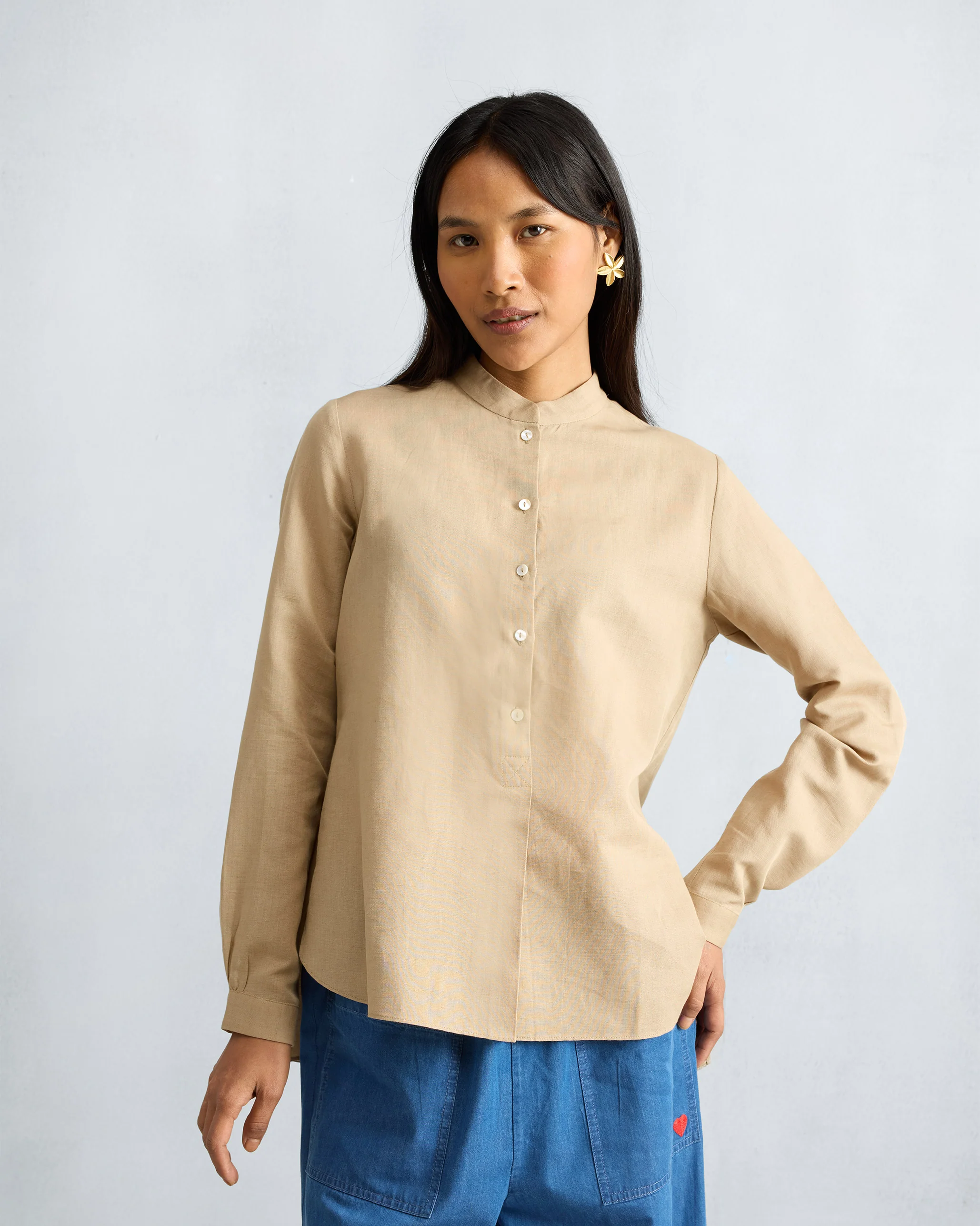 Mandarin Collar Top - Beige - Image 6