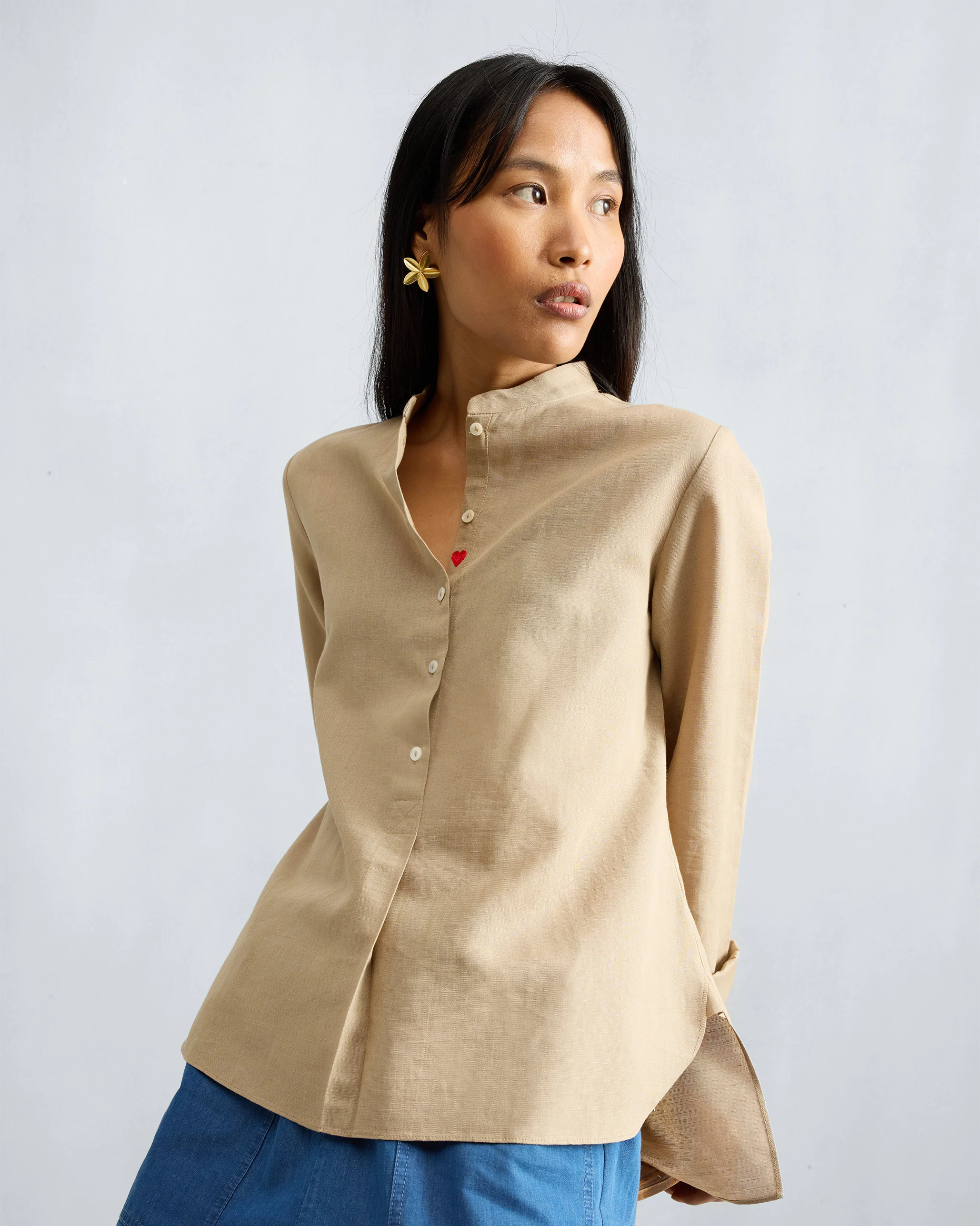 Mandarin Collar Top - Beige - Image 9