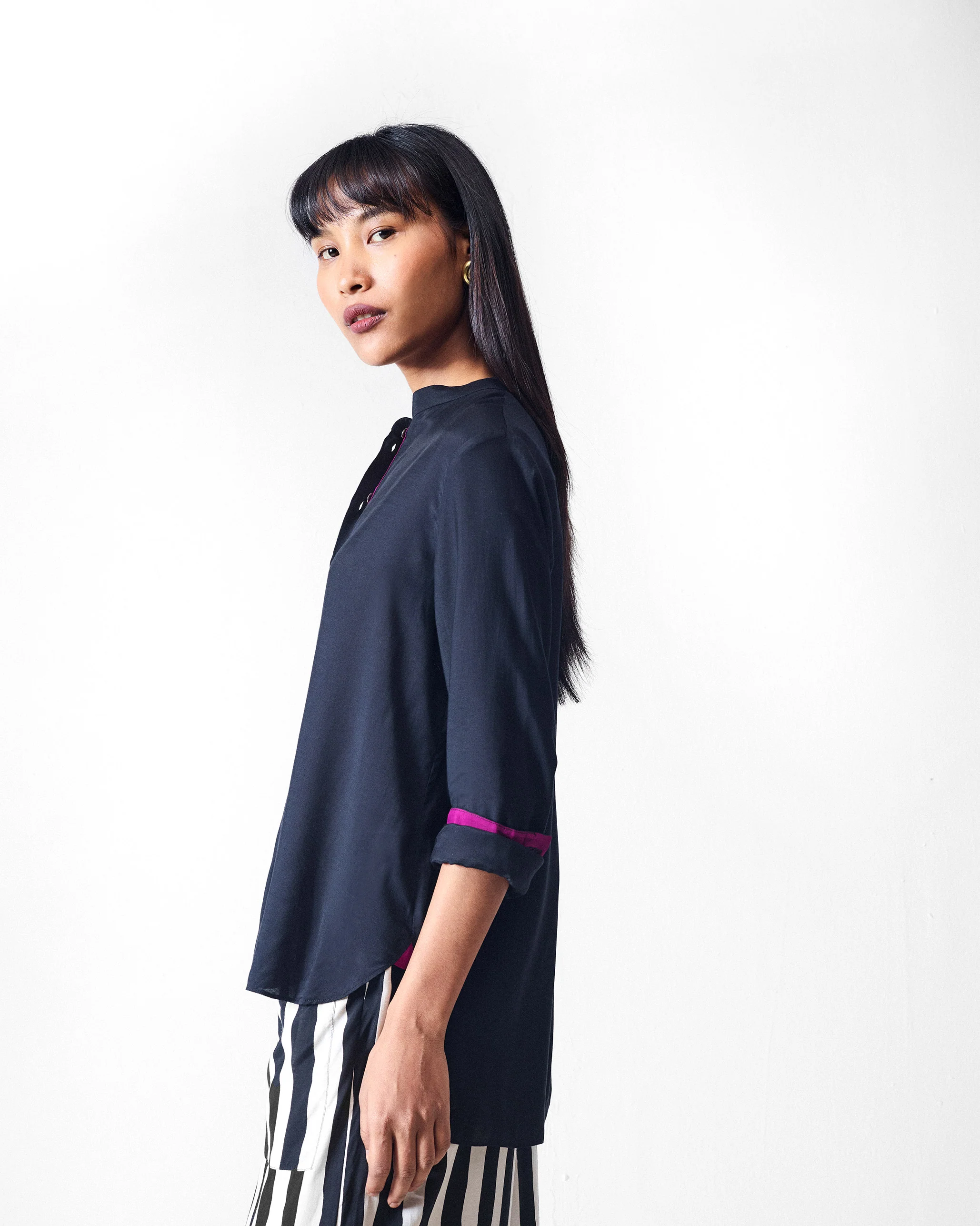 Mandarin Collar Top - Black - Image 2