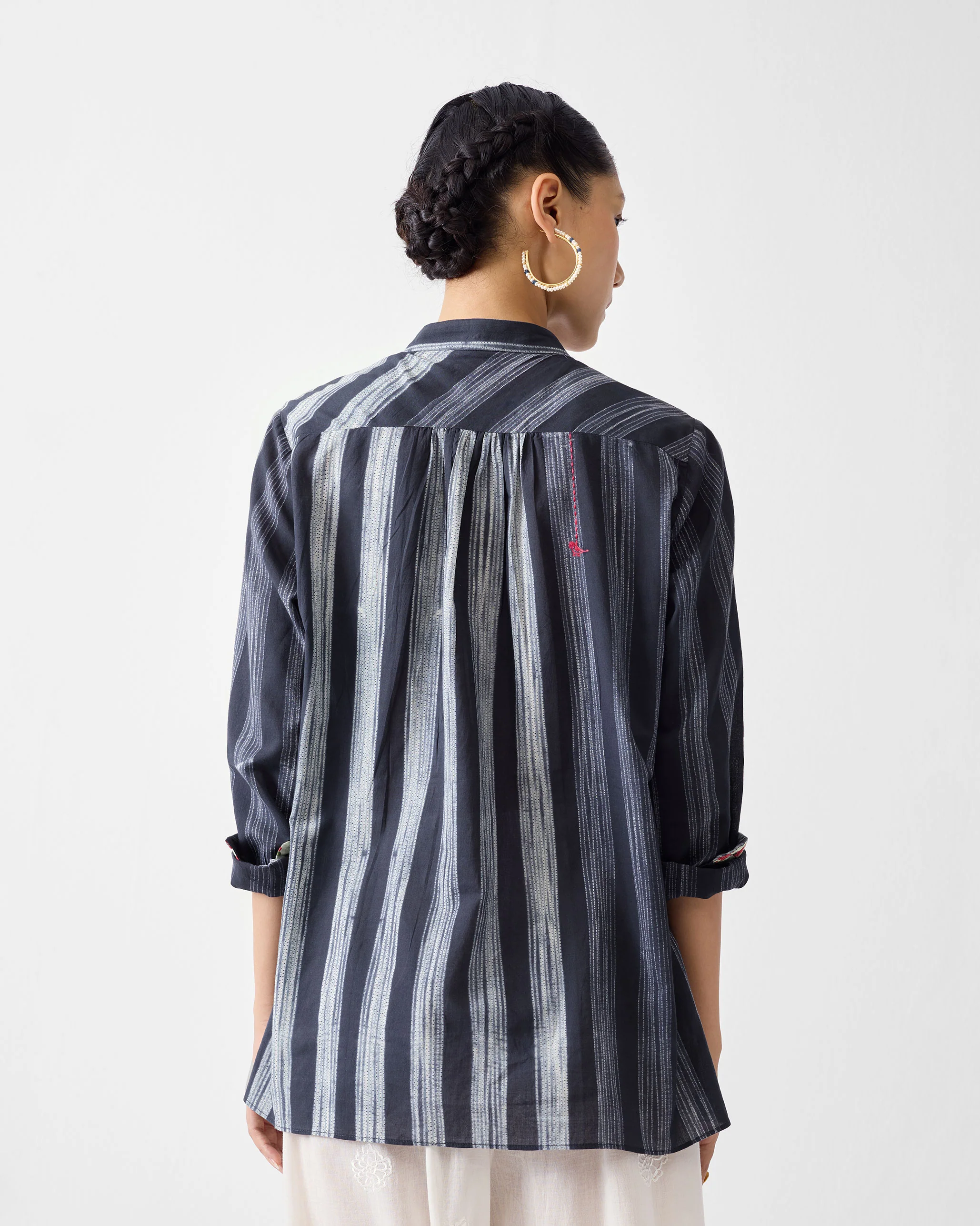 Mandarin Collar Top - Charcoal & Ivory Stripes - Image 2