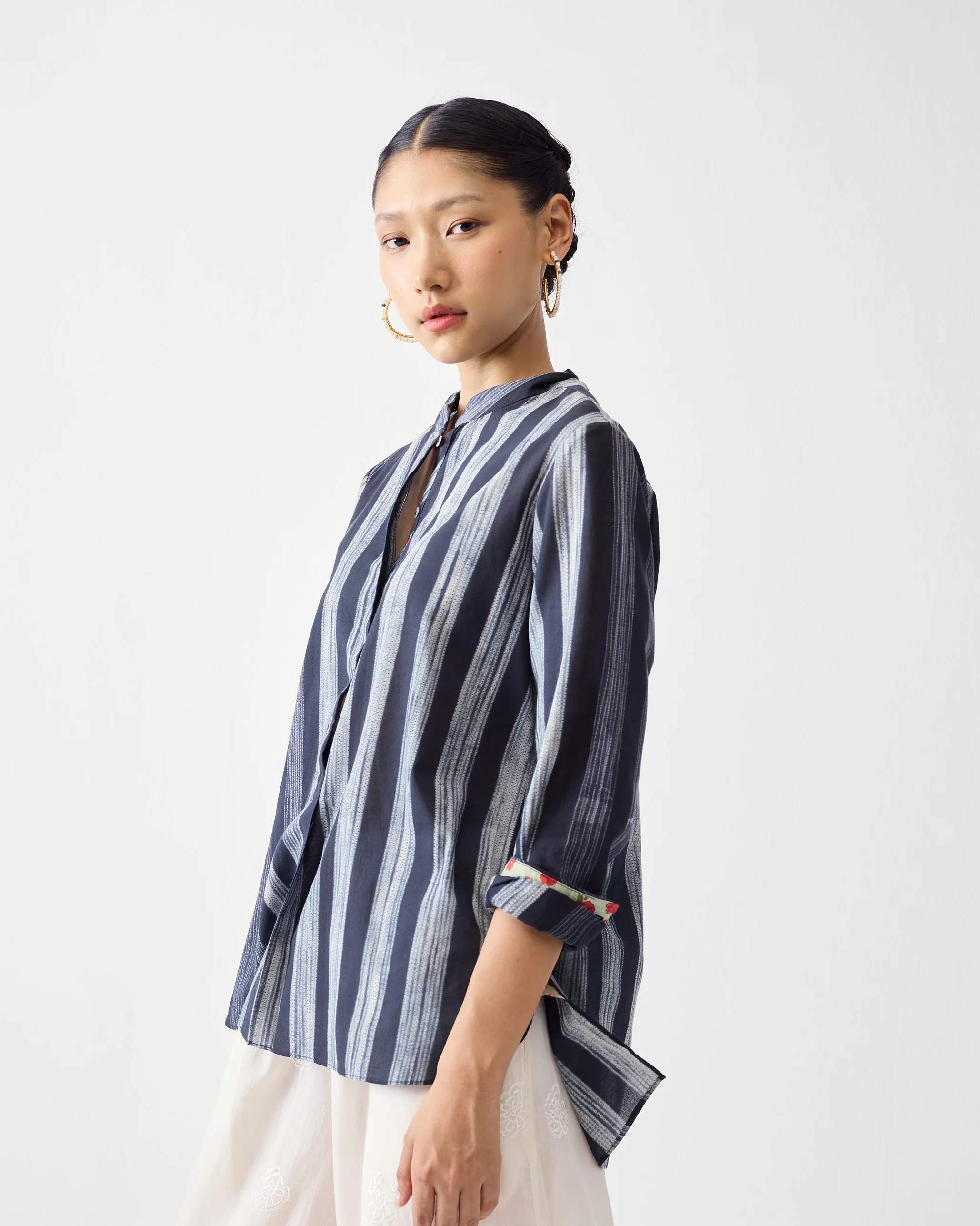 Mandarin Collar Top - Charcoal & Ivory Stripes - Image 3