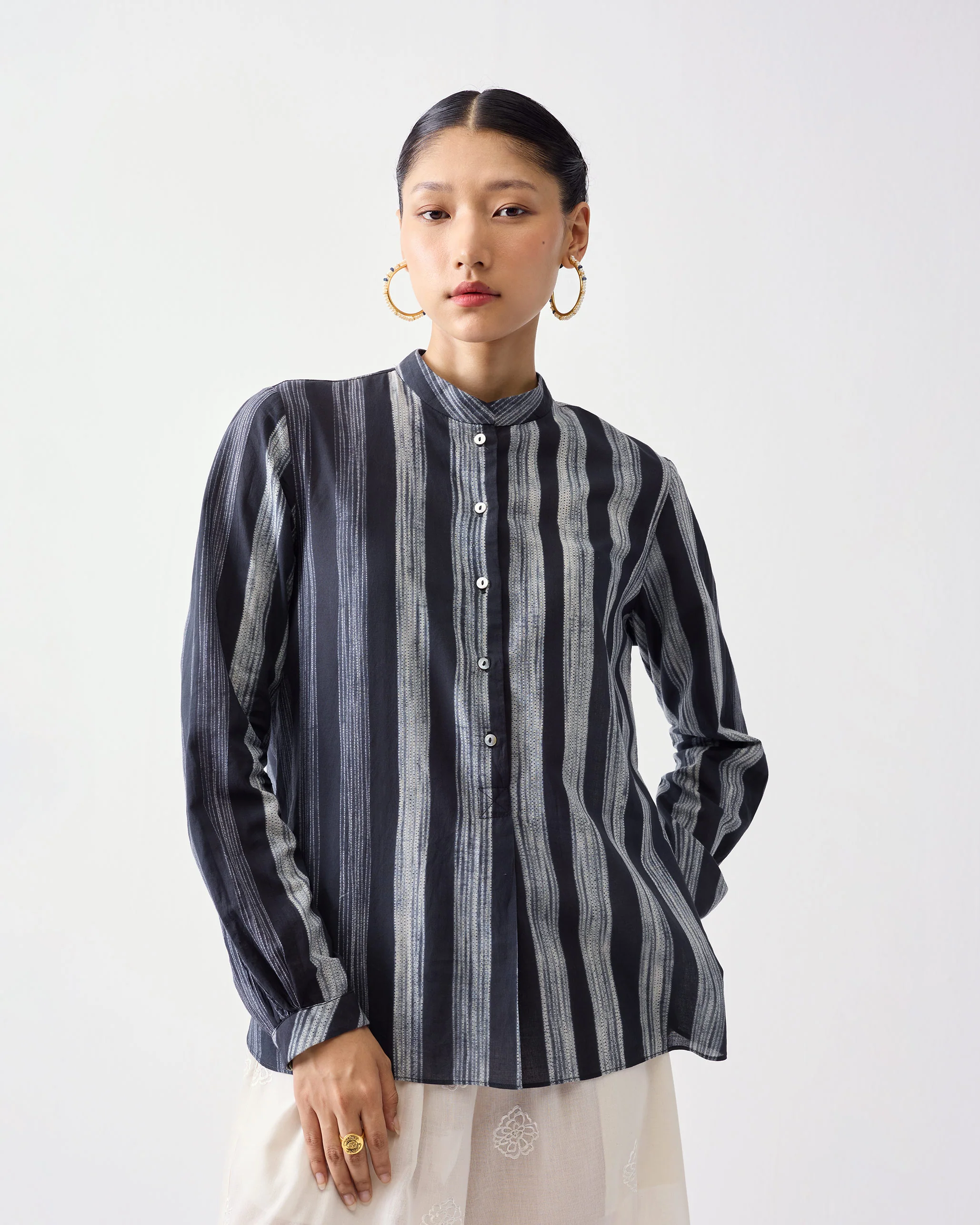 Mandarin Collar Top - Charcoal & Ivory Stripes - Image 4