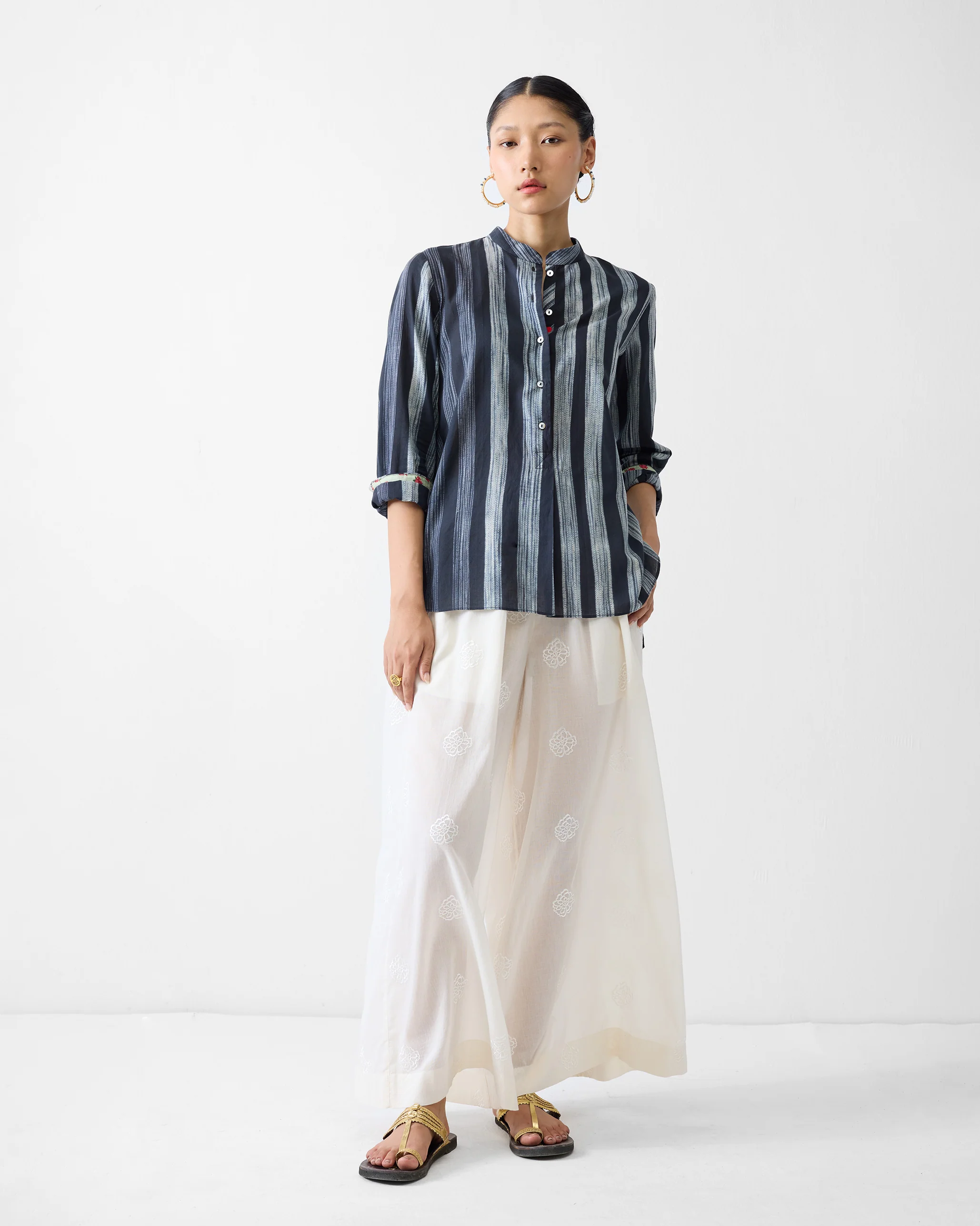Mandarin Collar Top - Charcoal & Ivory Stripes - Image 7