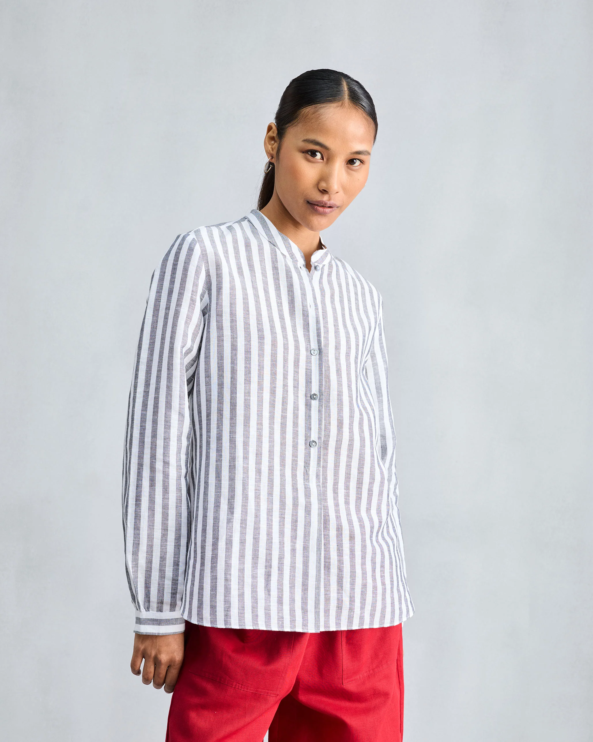 Mandarin Collar Top - Charcoal & White Stripes - Image 2