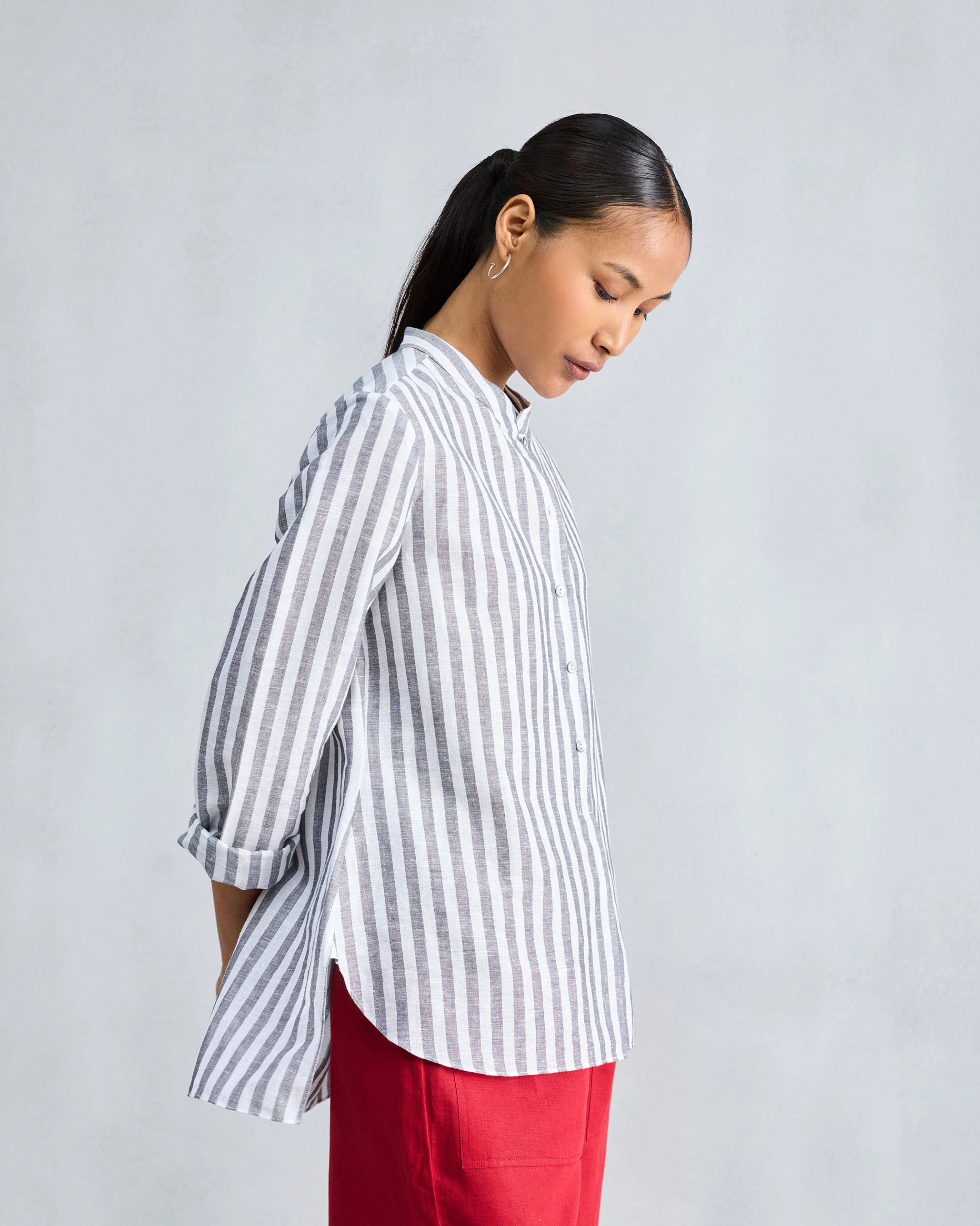 Mandarin Collar Top - Charcoal & White Stripes - Image 3