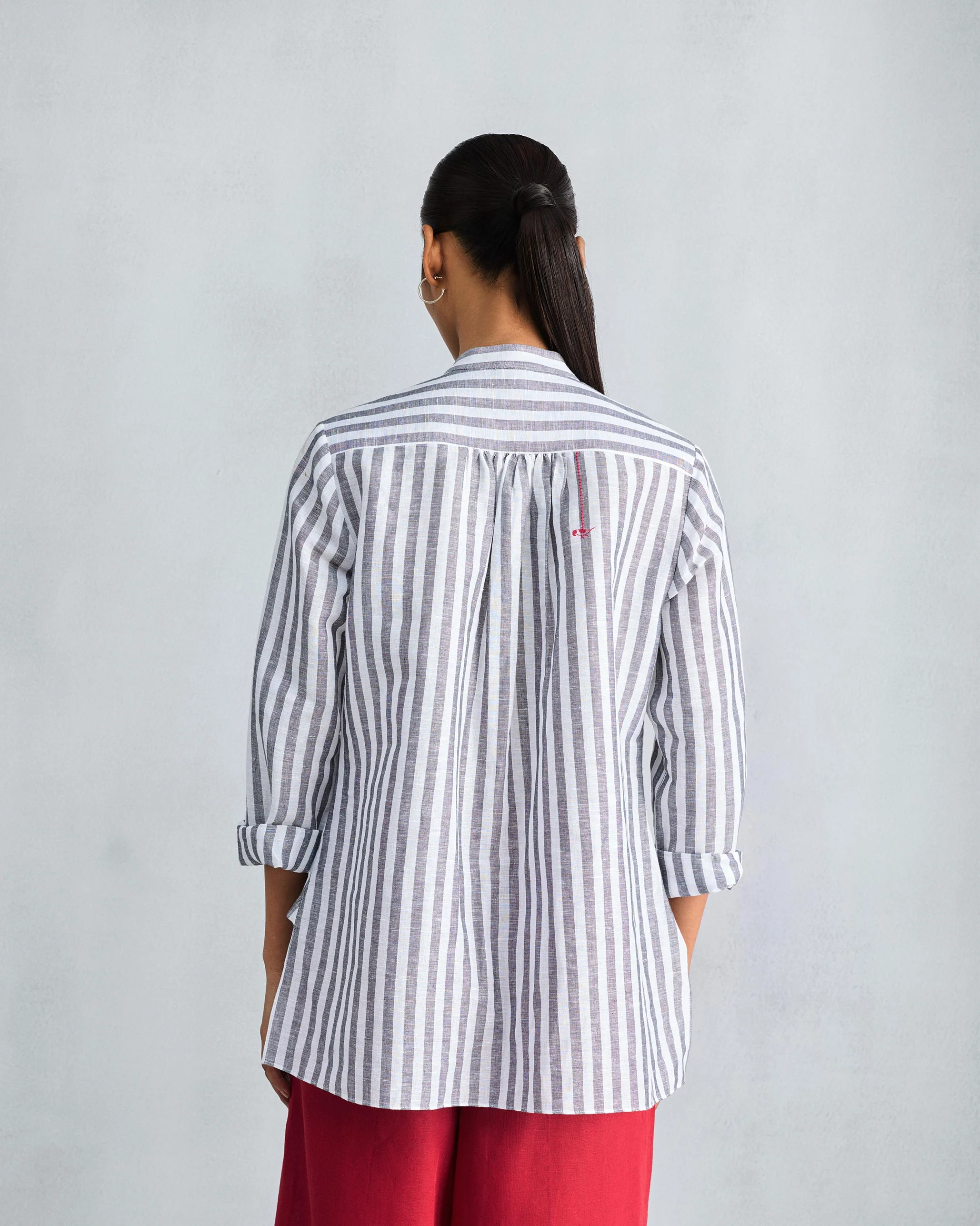 Mandarin Collar Top - Charcoal & White Stripes - Image 4