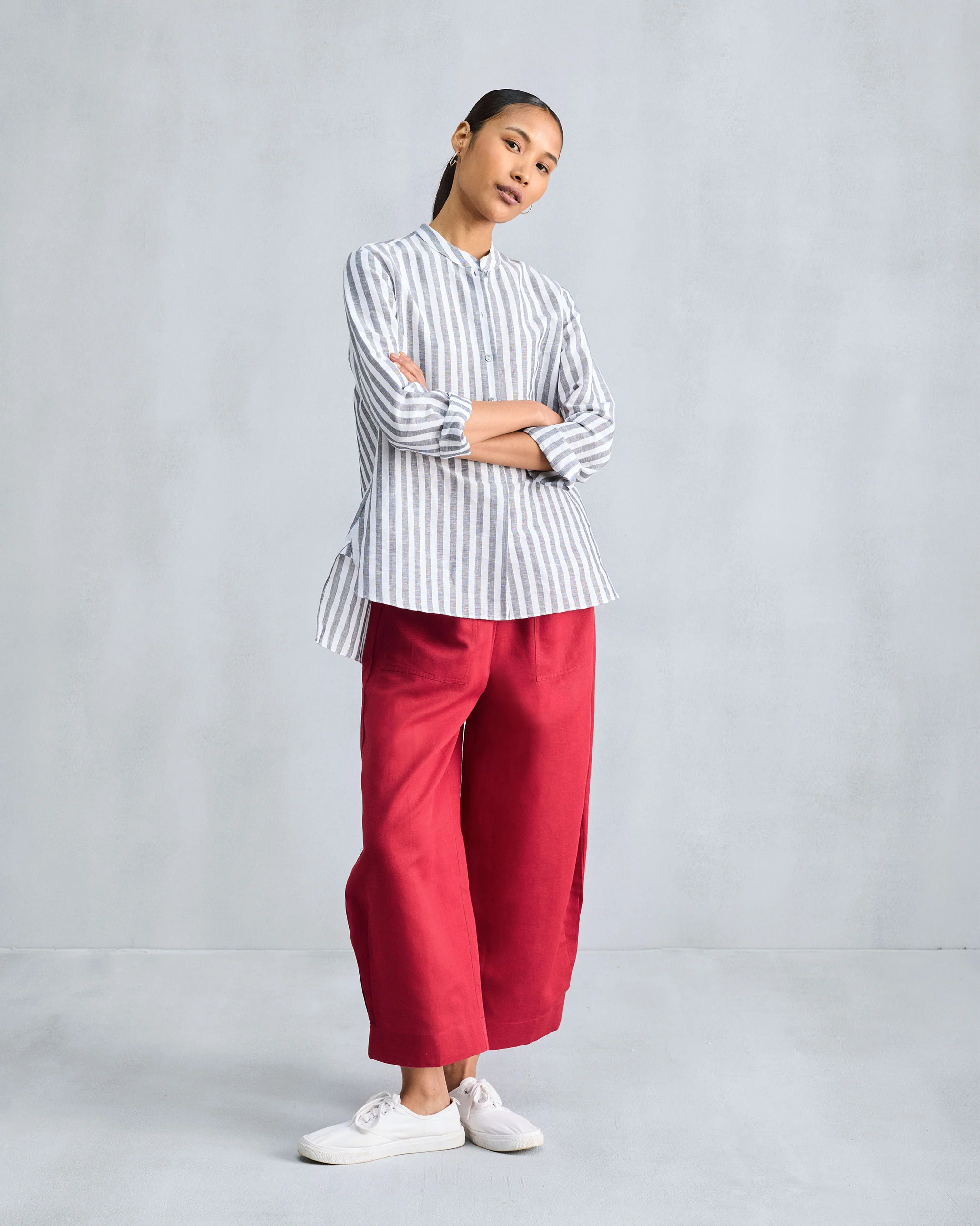 Mandarin Collar Top - Charcoal & White Stripes - Image 7