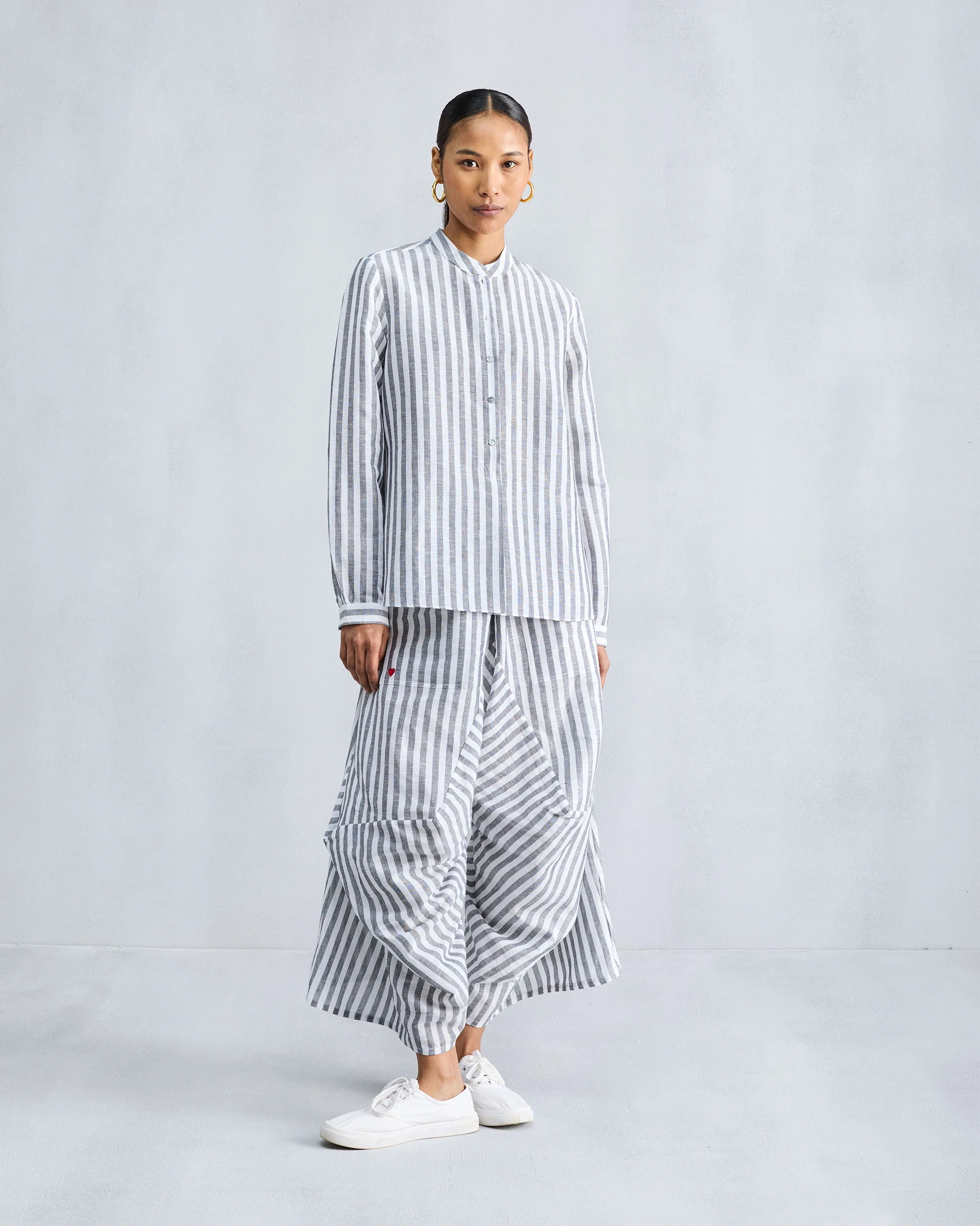 Mandarin Collar Top - Charcoal & White Stripes - Image 8