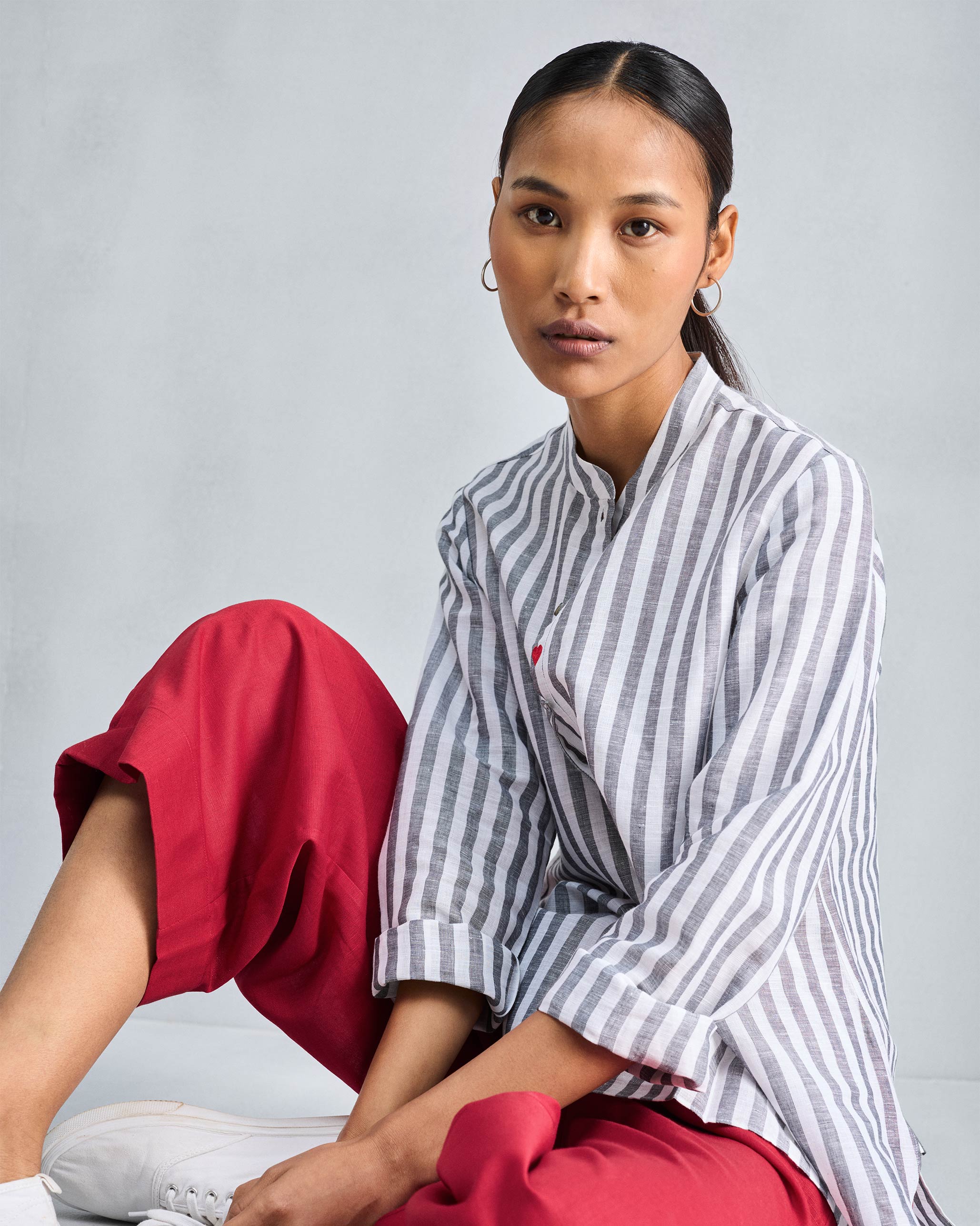 Mandarin Collar Top - Charcoal & White Stripes - Image 9
