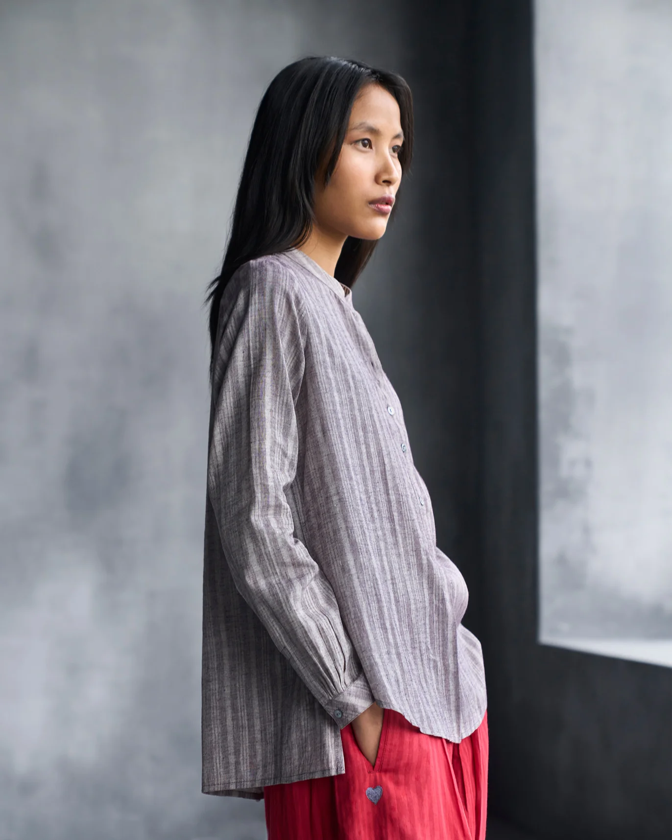 Mandarin Collar Top - Grey - Image 3