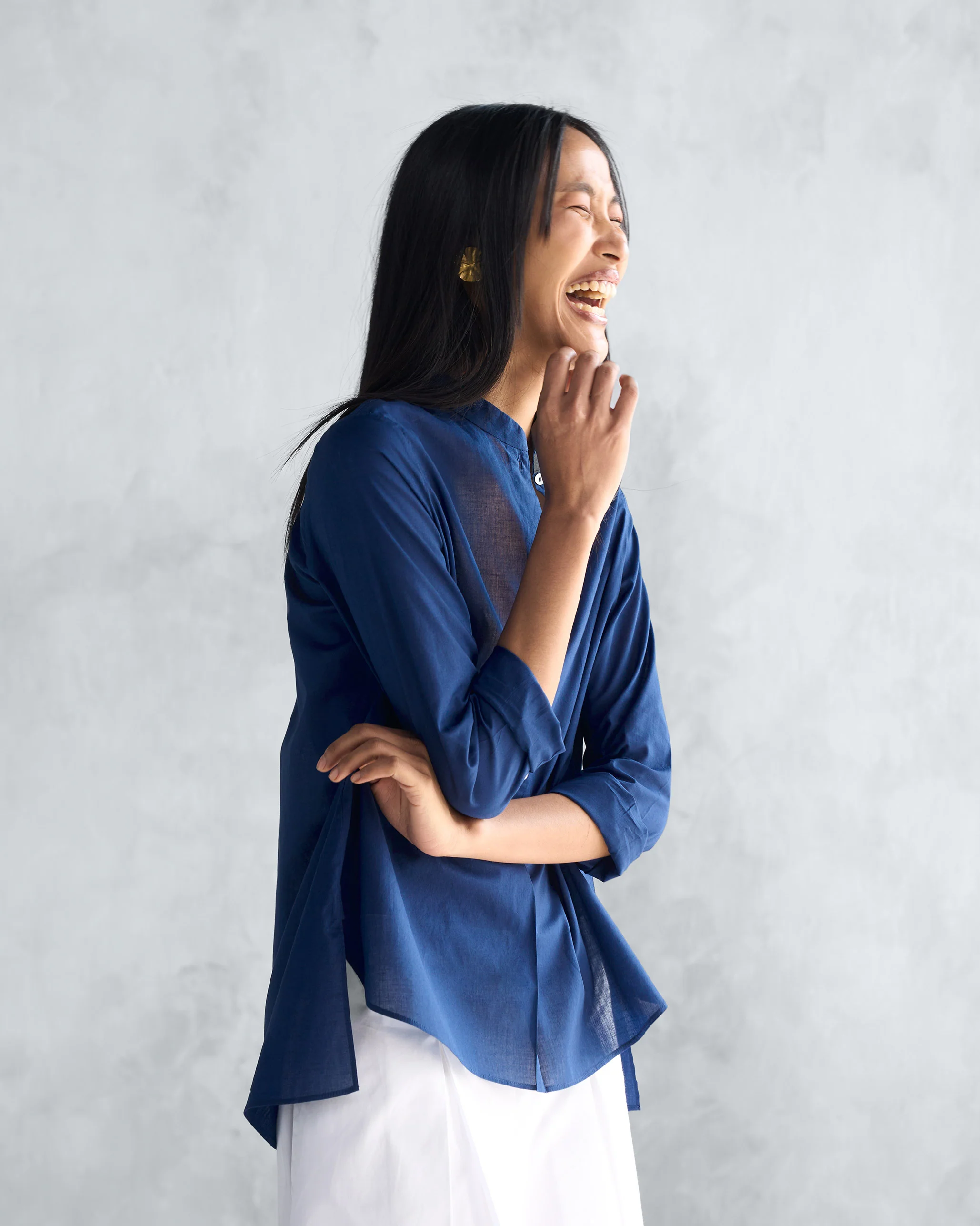 Mandarin Collar Top - Navy - Image 3