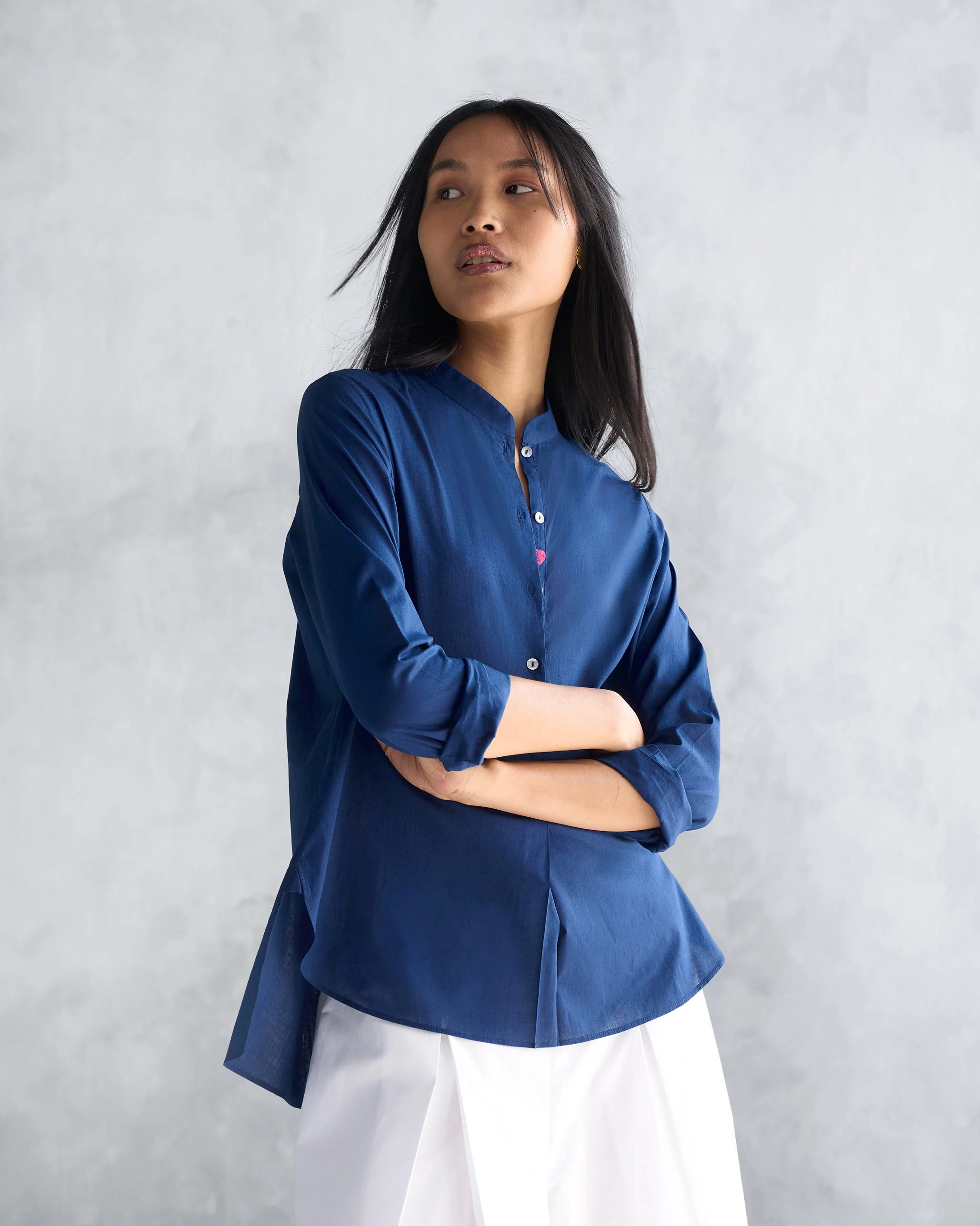 Mandarin Collar Top - Navy - Image 5
