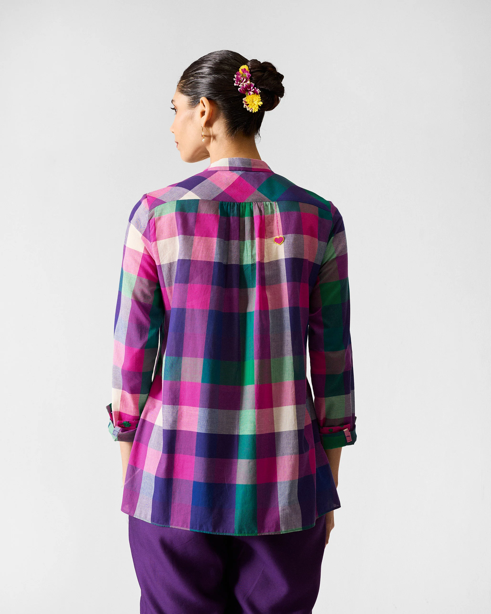 Mandarin Collar Top - Multicolour Checks - Image 2
