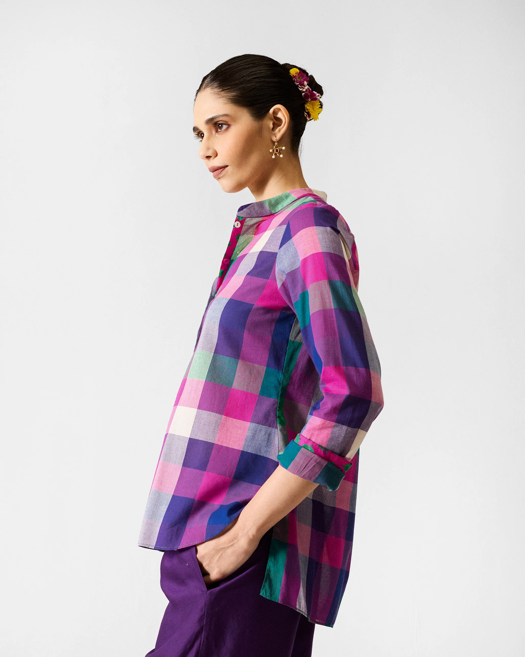 Mandarin Collar Top - Multicolour Checks - Image 3