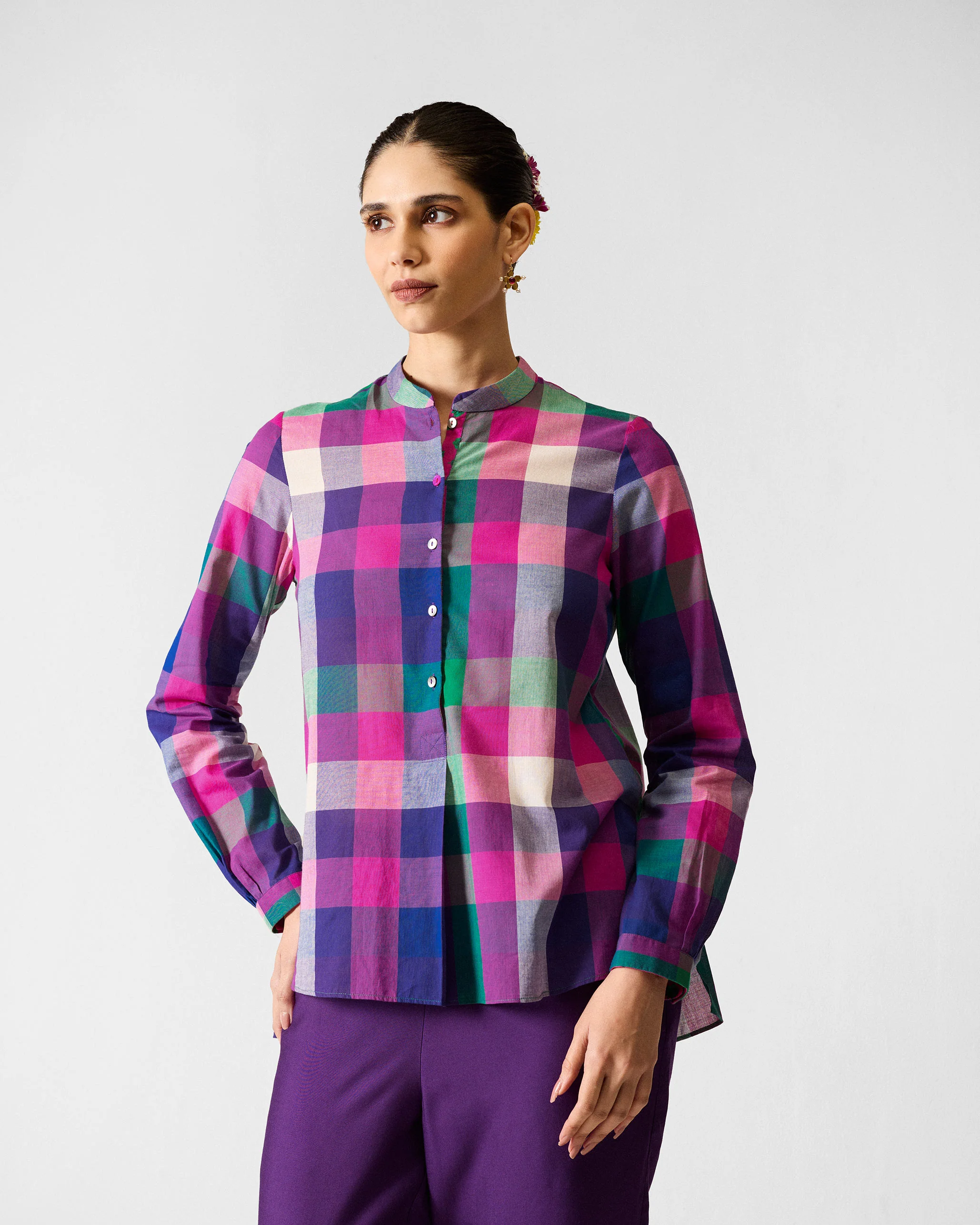 Mandarin Collar Top - Multicolour Checks - Image 5