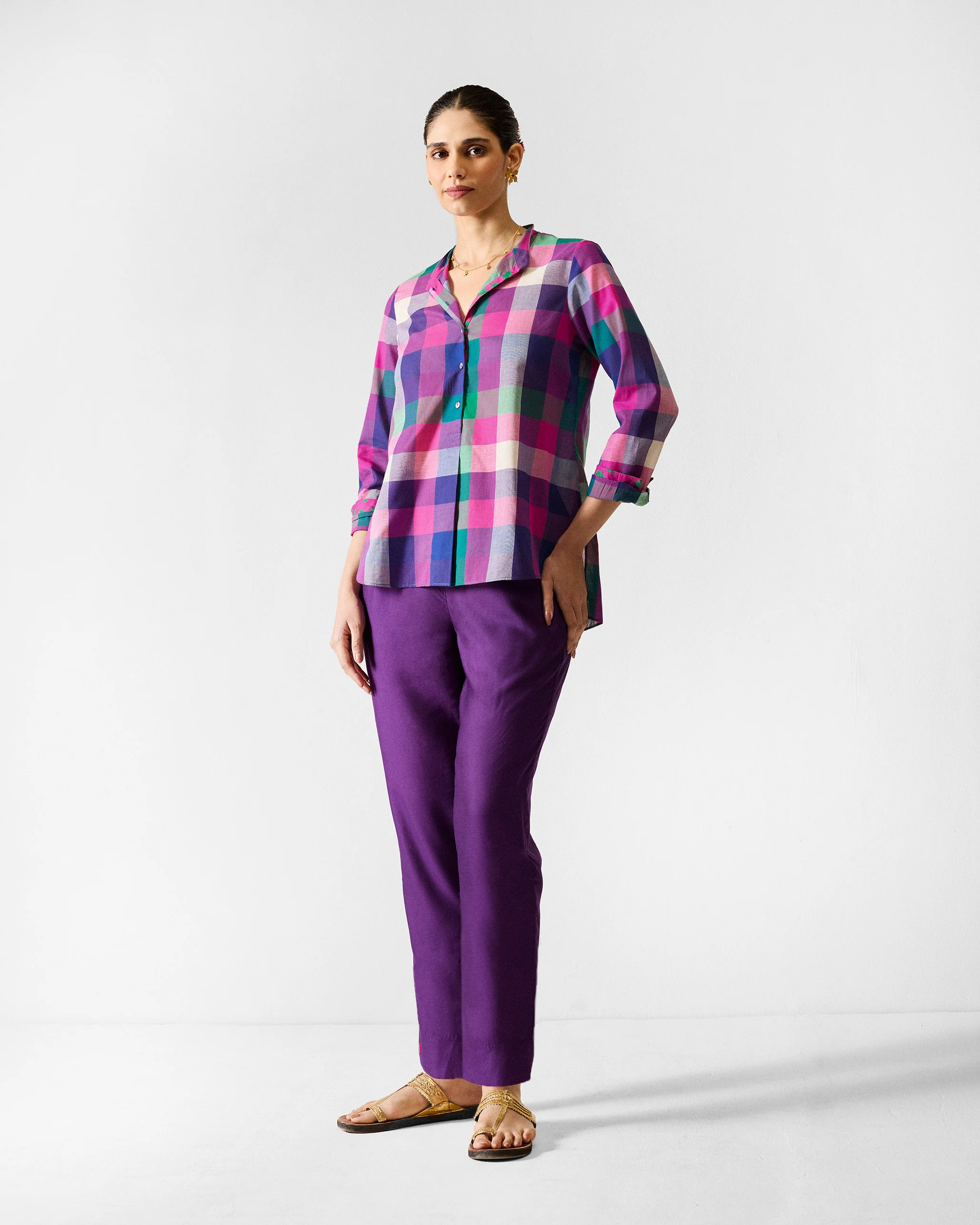 Mandarin Collar Top - Multicolour Checks - Image 6