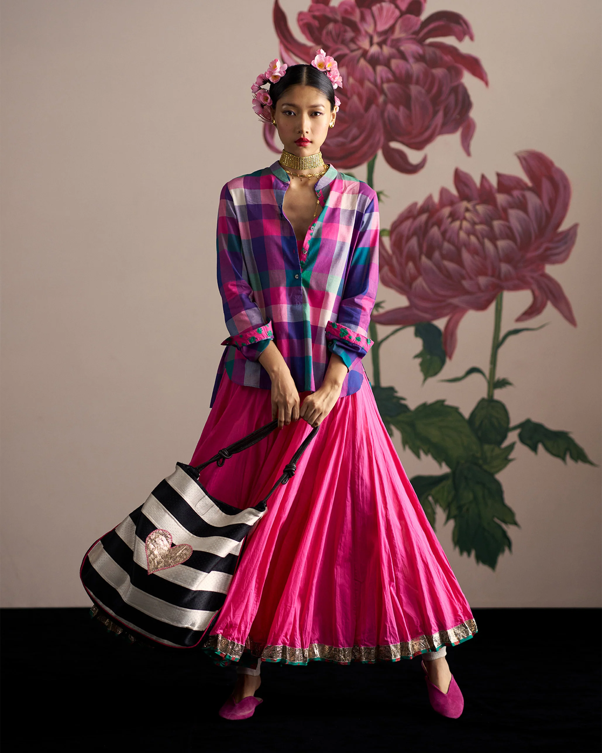 Mandarin Collar Top - Multicolour Checks - Image 7