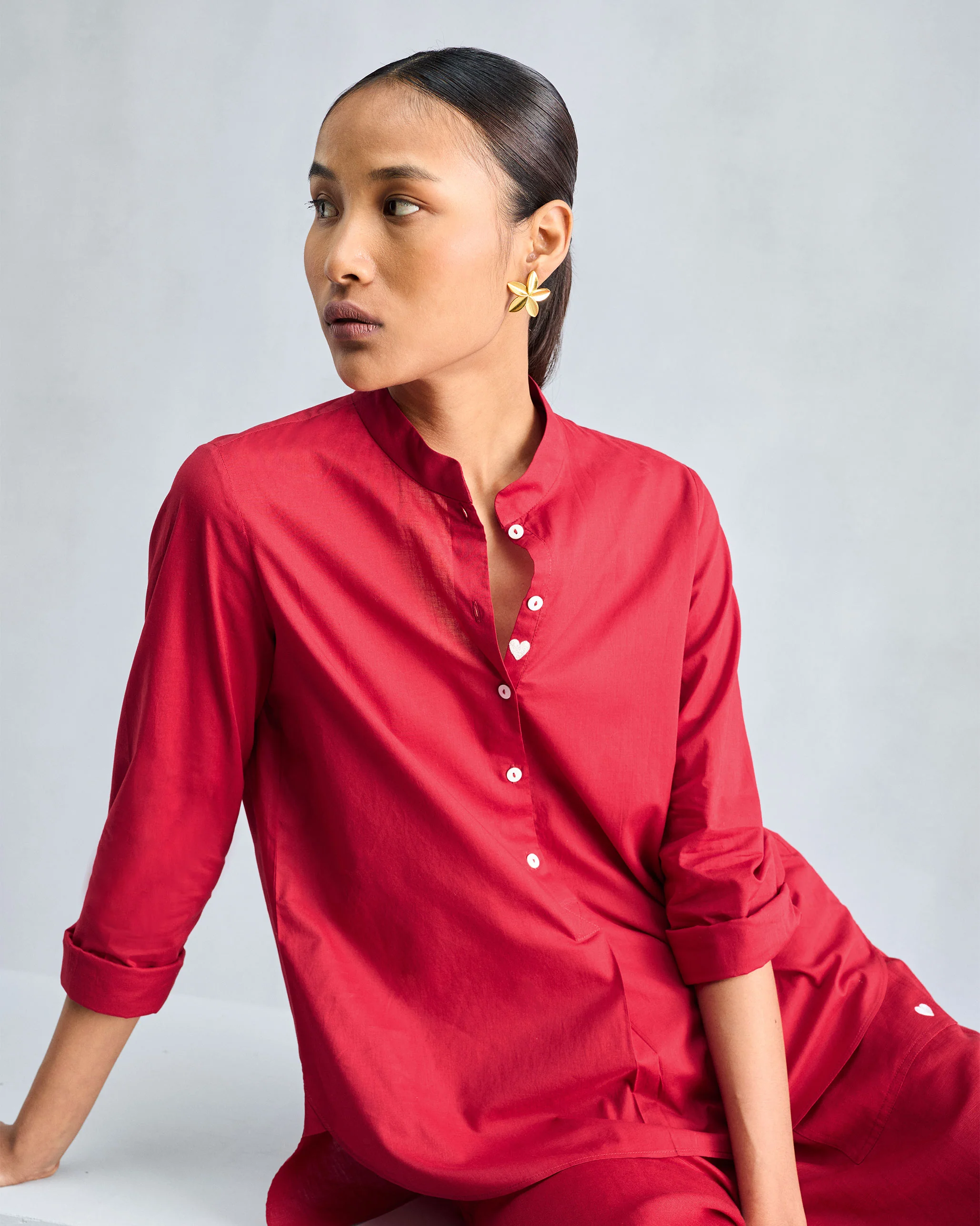 Mandarin Collar Top - Red - Image 2
