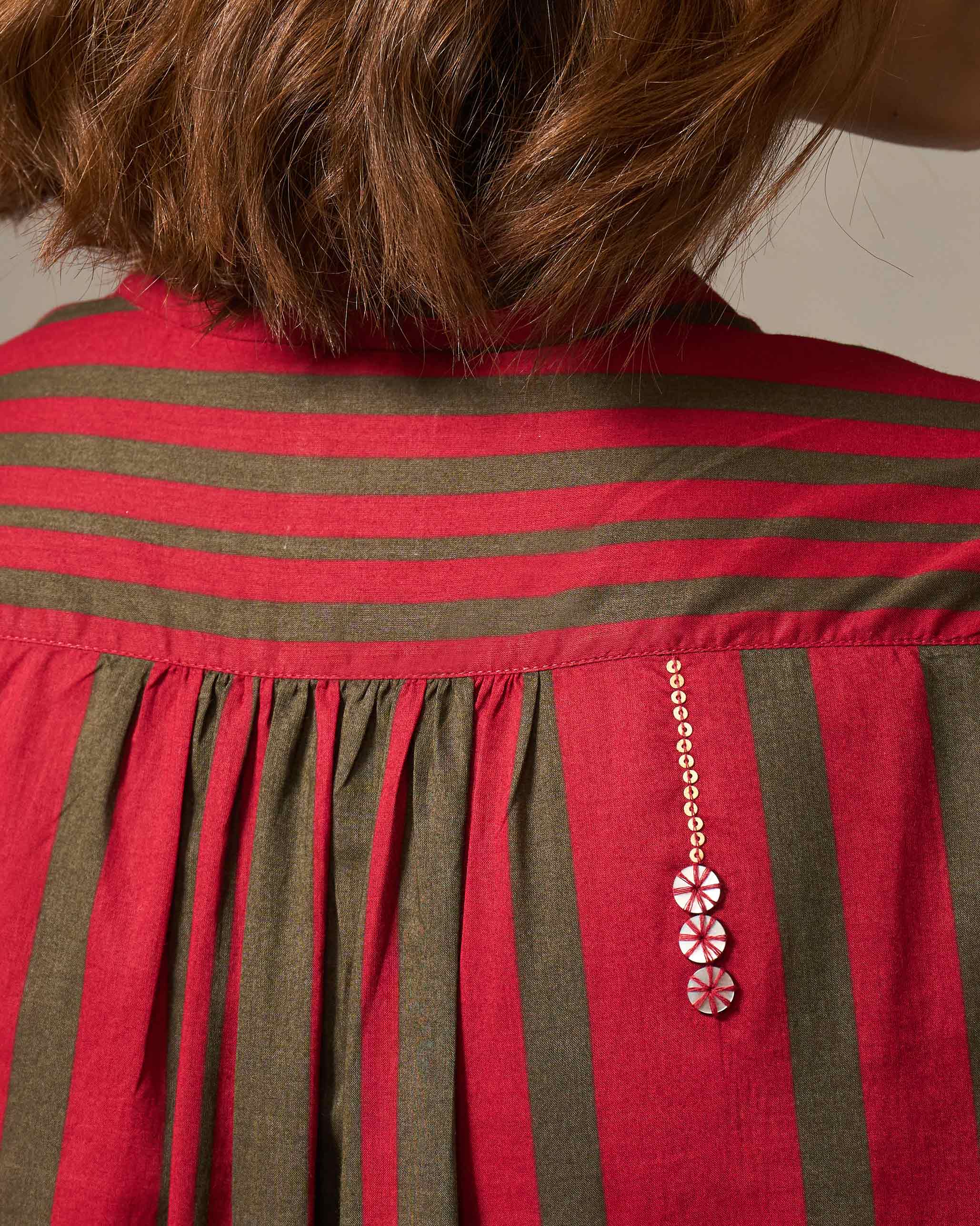 Mandarin Collar Top - Red & Oak Brown Print - Image 2