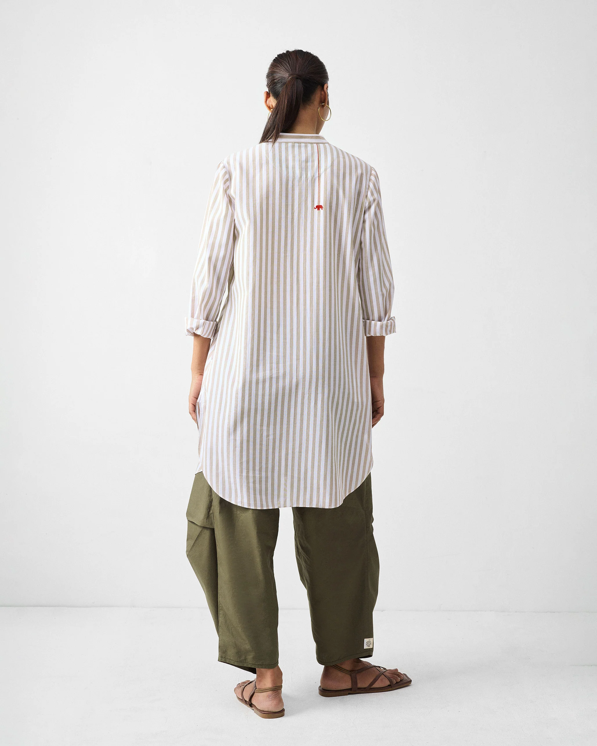 Mid Length Kurta - Khaki & White Stripes - Image 2