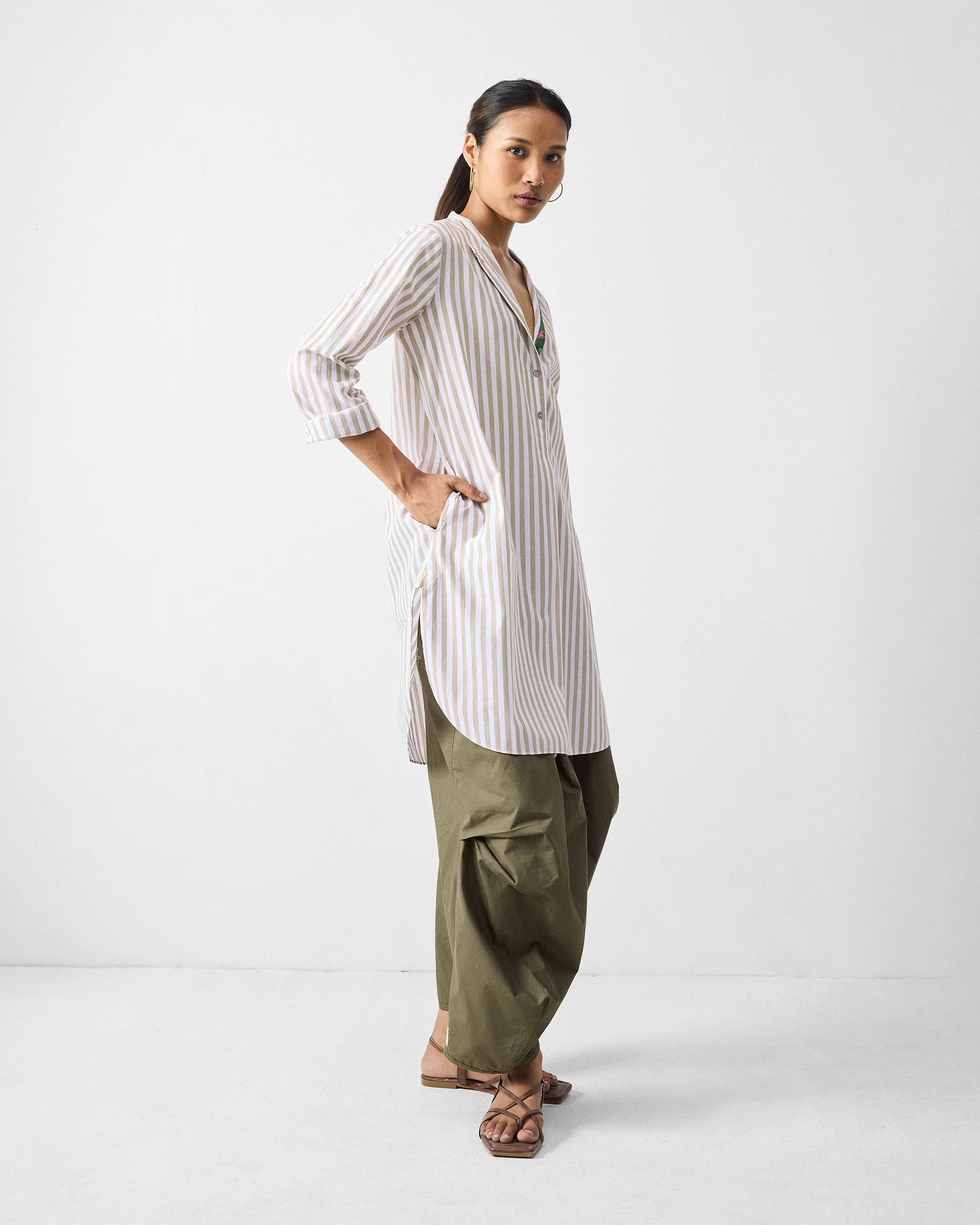 Mid Length Kurta - Khaki & White Stripes - Image 3