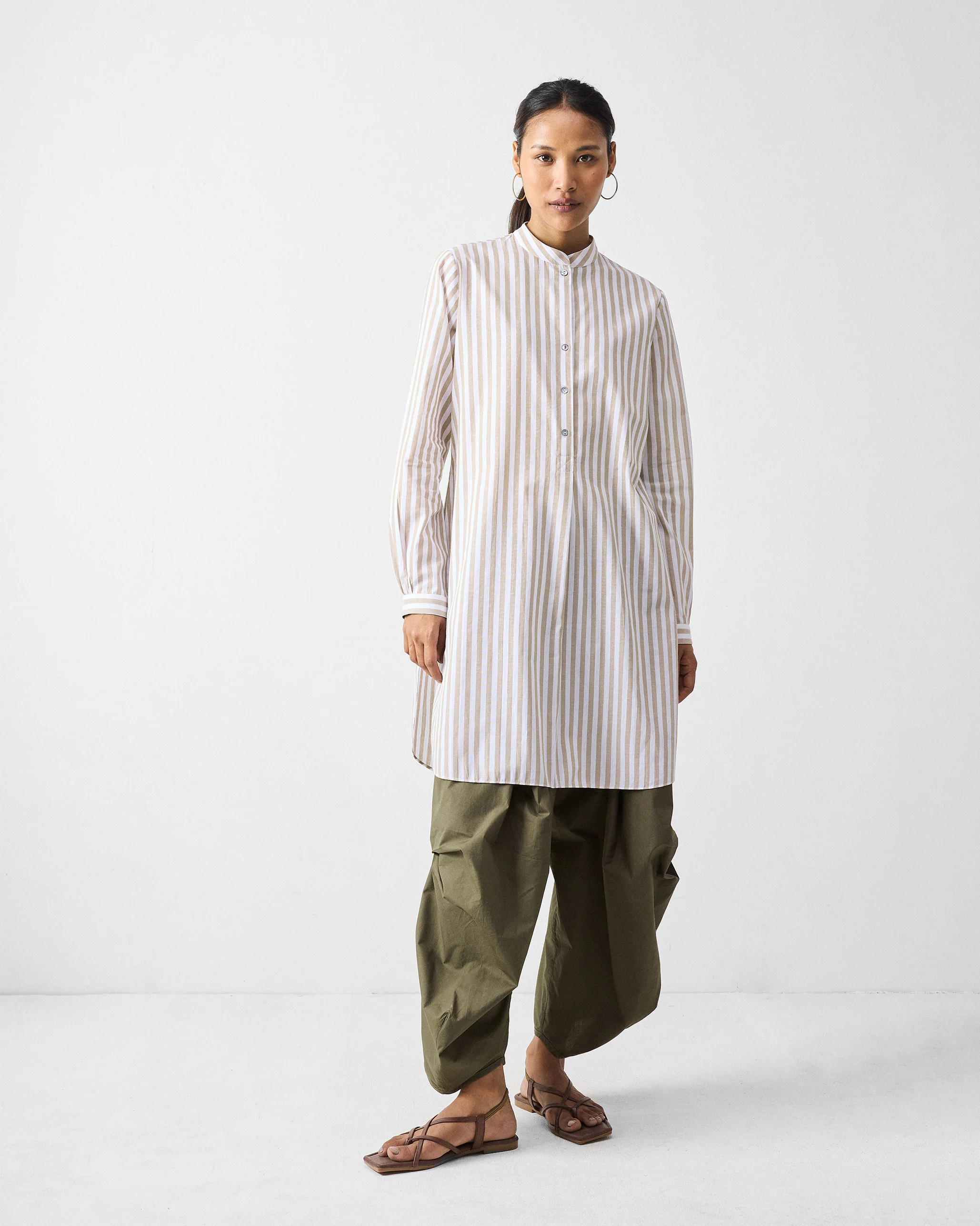 Mid Length Kurta - Khaki & White Stripes - Image 6