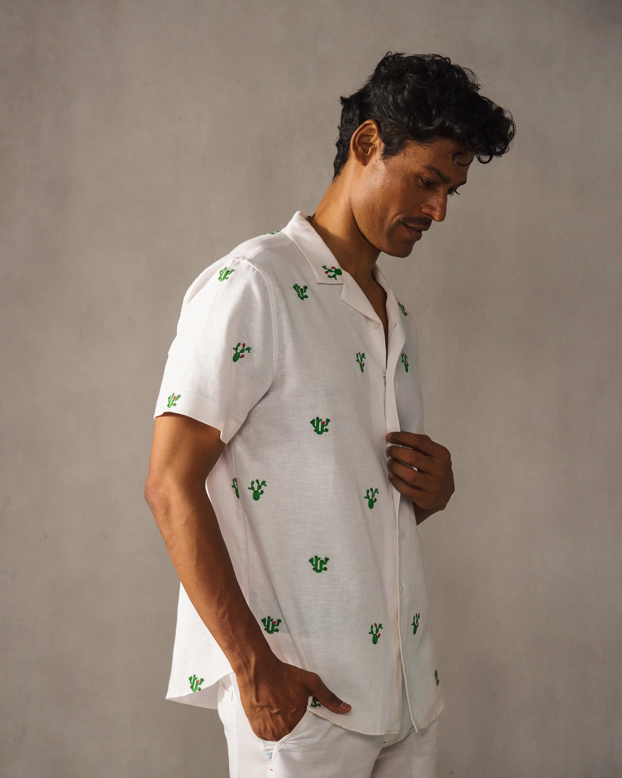 Mistari Shirt - White & Green Embroidered - Image 3