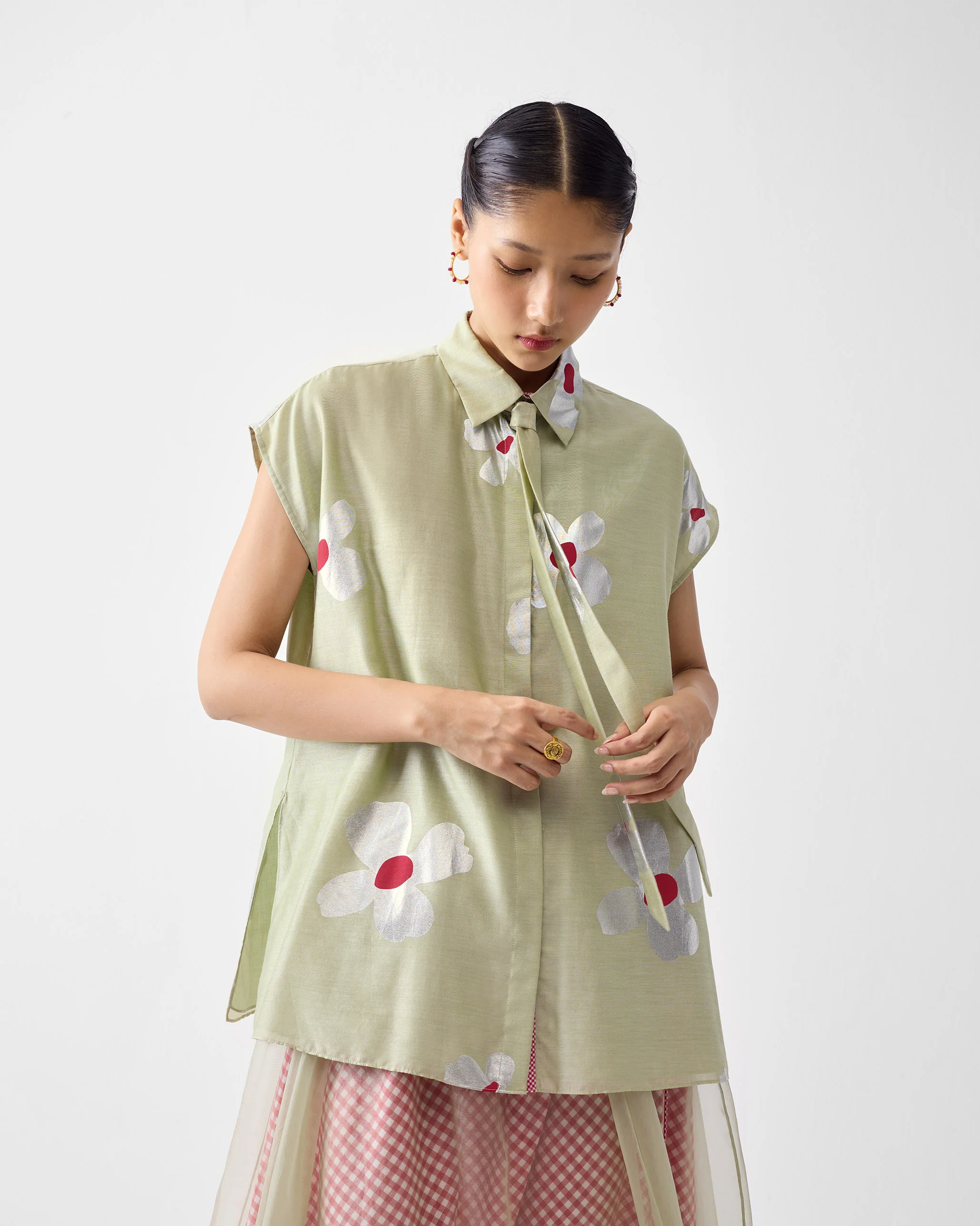 Neck Tie Shirt - Mint & Silver Print - Image 5