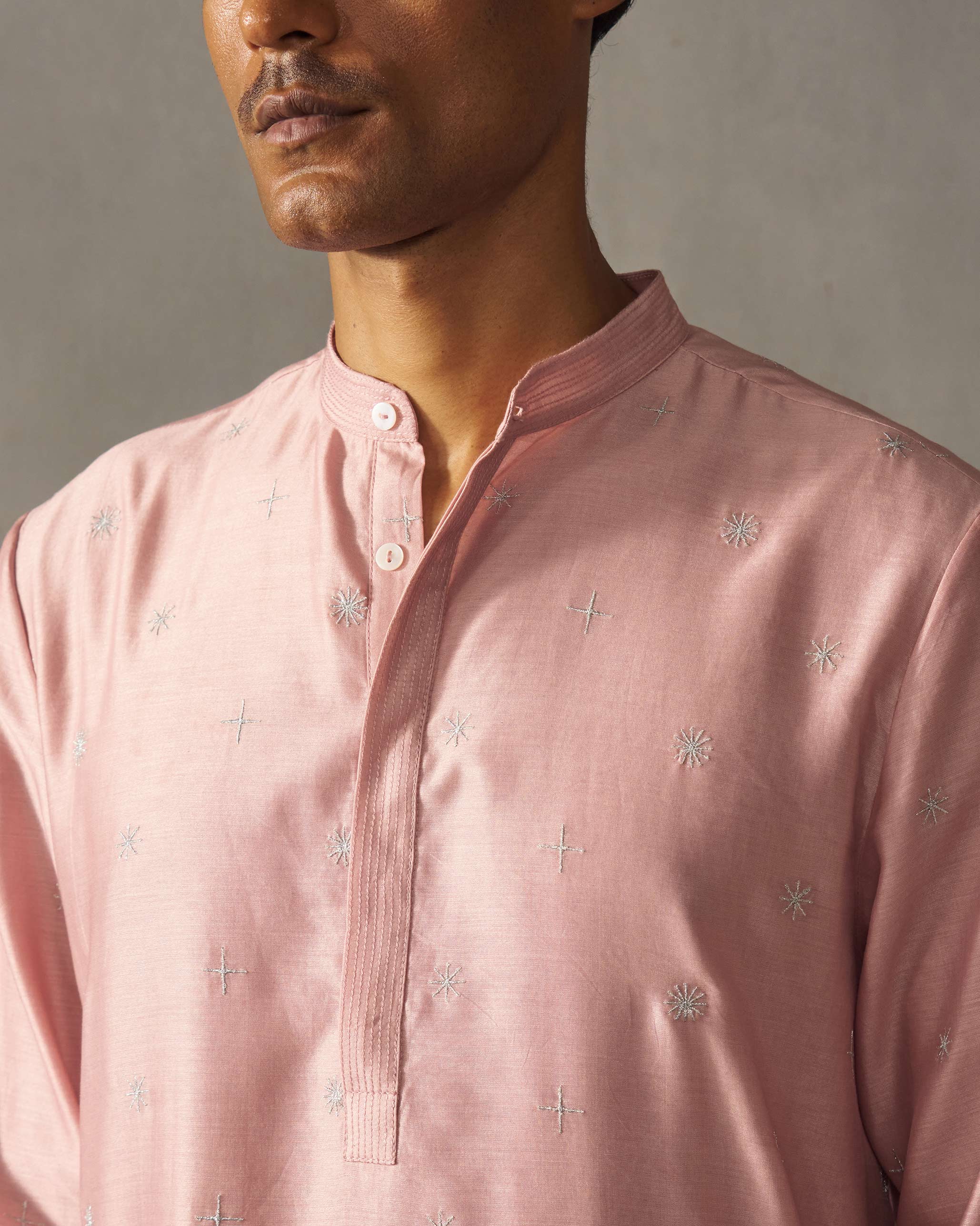 Neckband Kurta - Pink & Silver Embroidered - Image 2