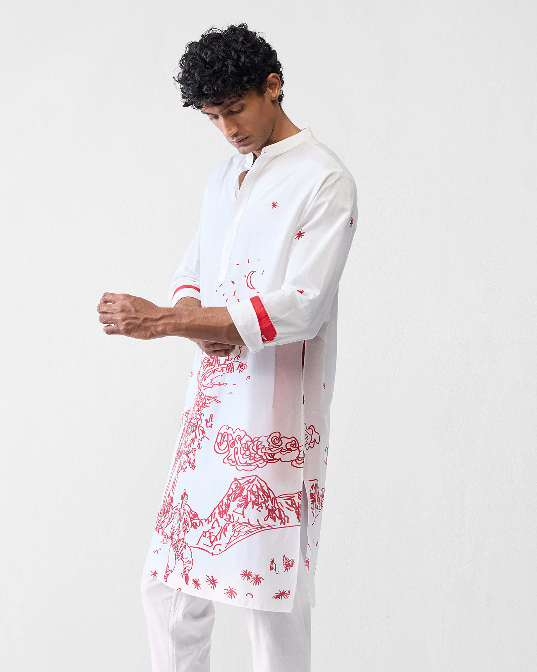 Neckband Kurta - White & Red Printed
