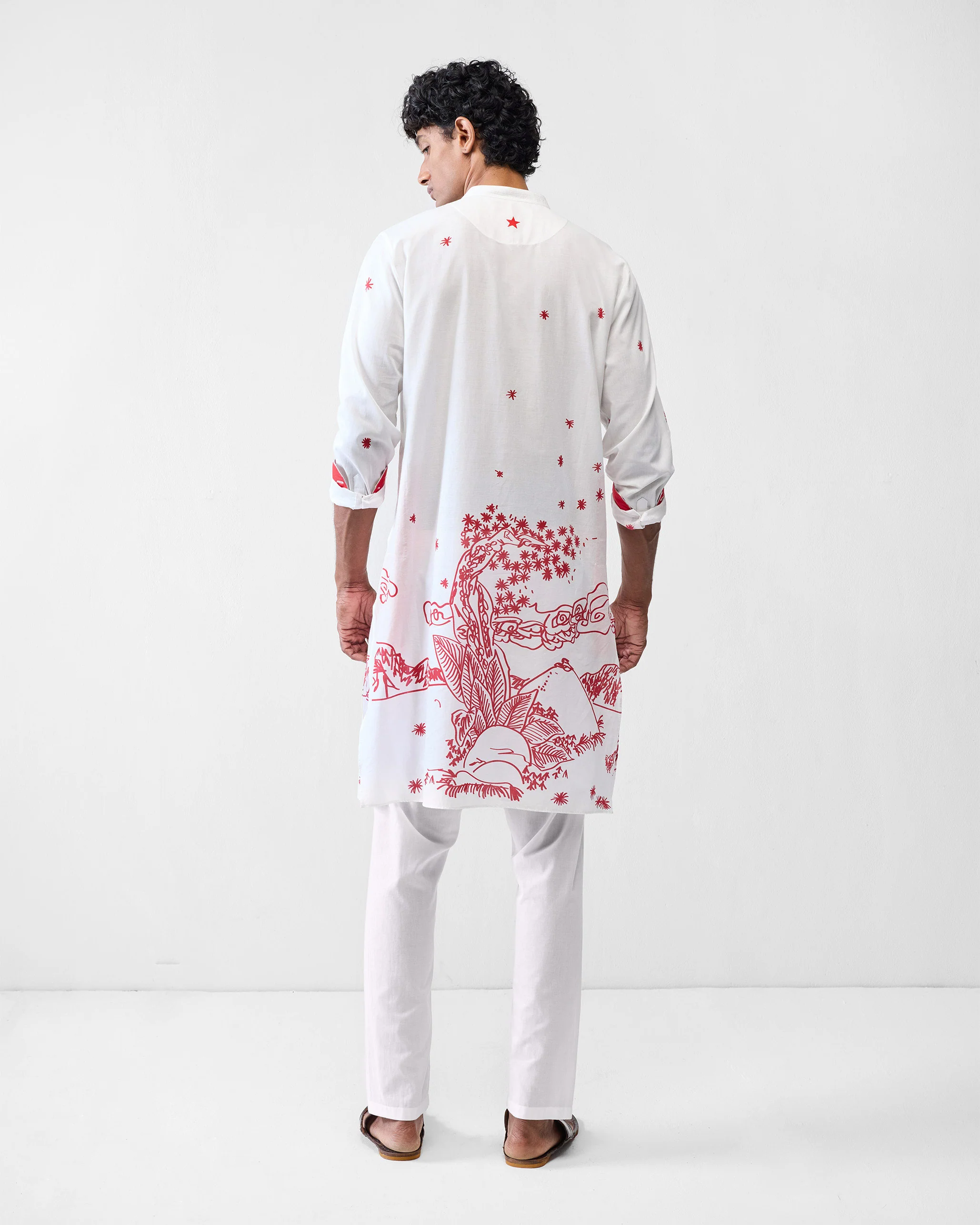 Neckband Kurta - White & Red Printed - Image 3