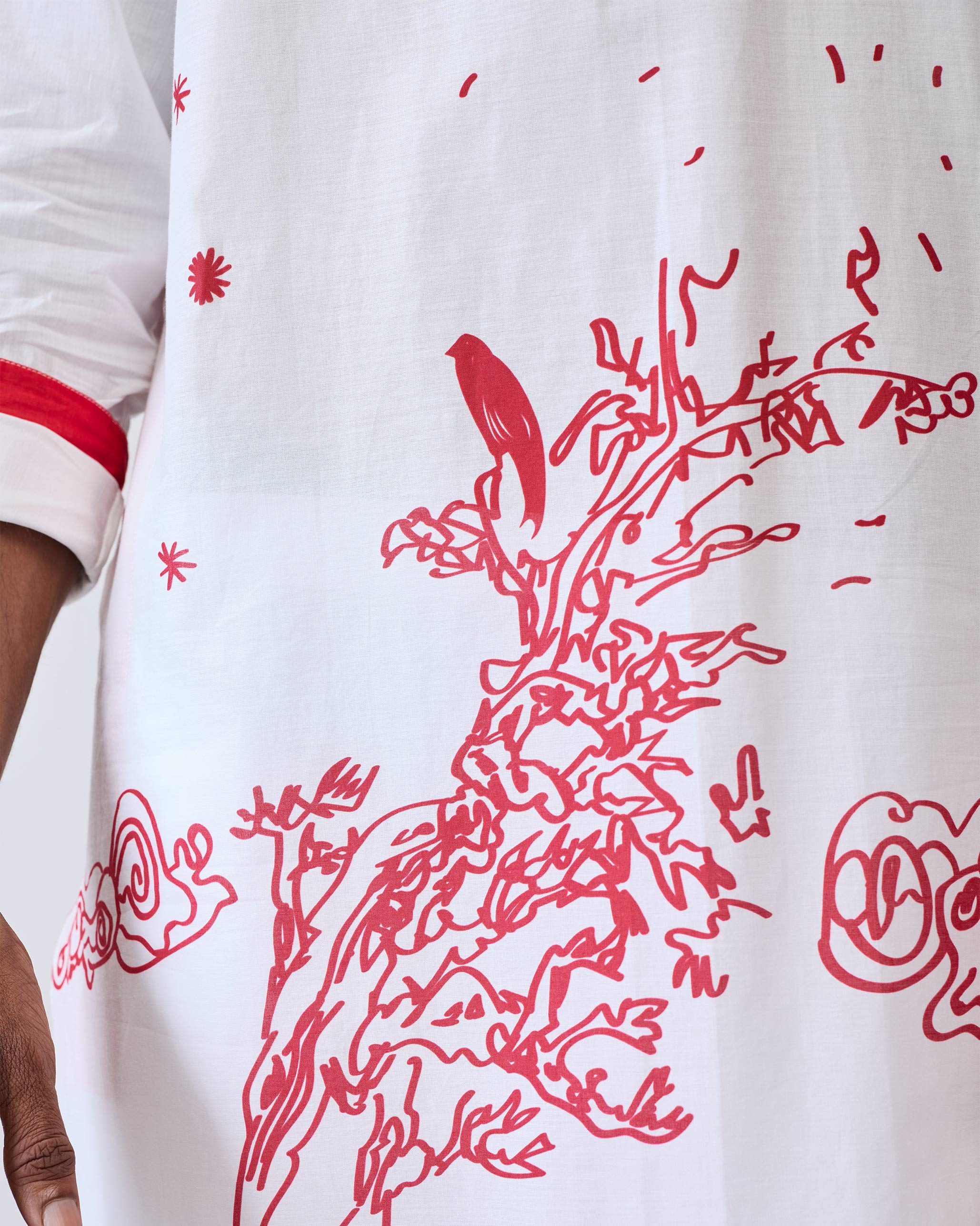Neckband Kurta - White & Red Printed - Image 5