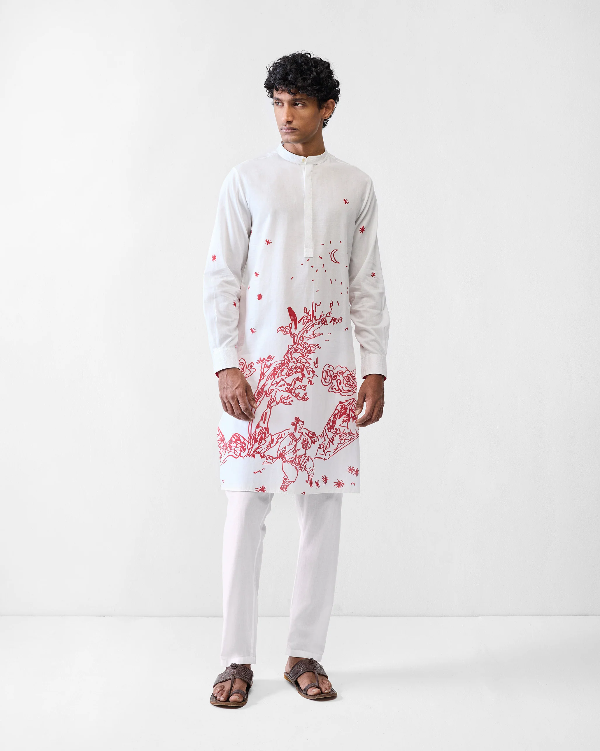 Neckband Kurta - White & Red Printed - Image 6