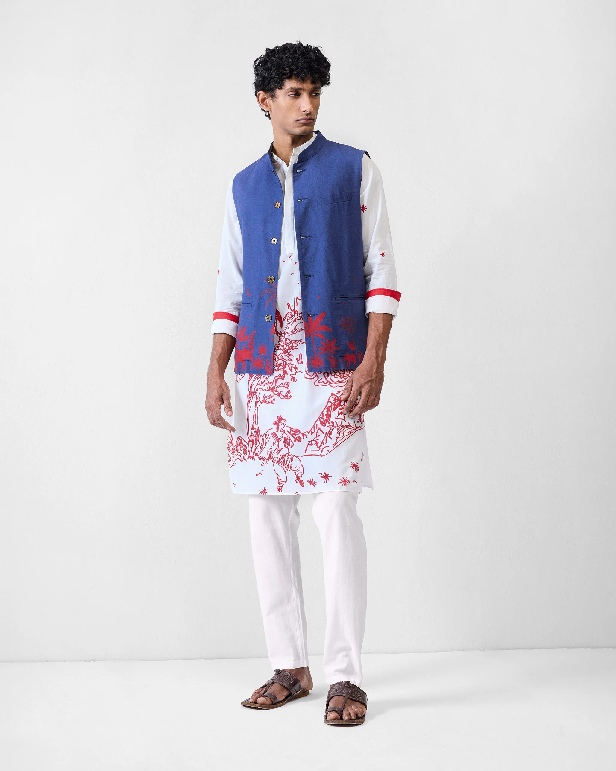 Neckband Kurta - White & Red Printed - Image 7