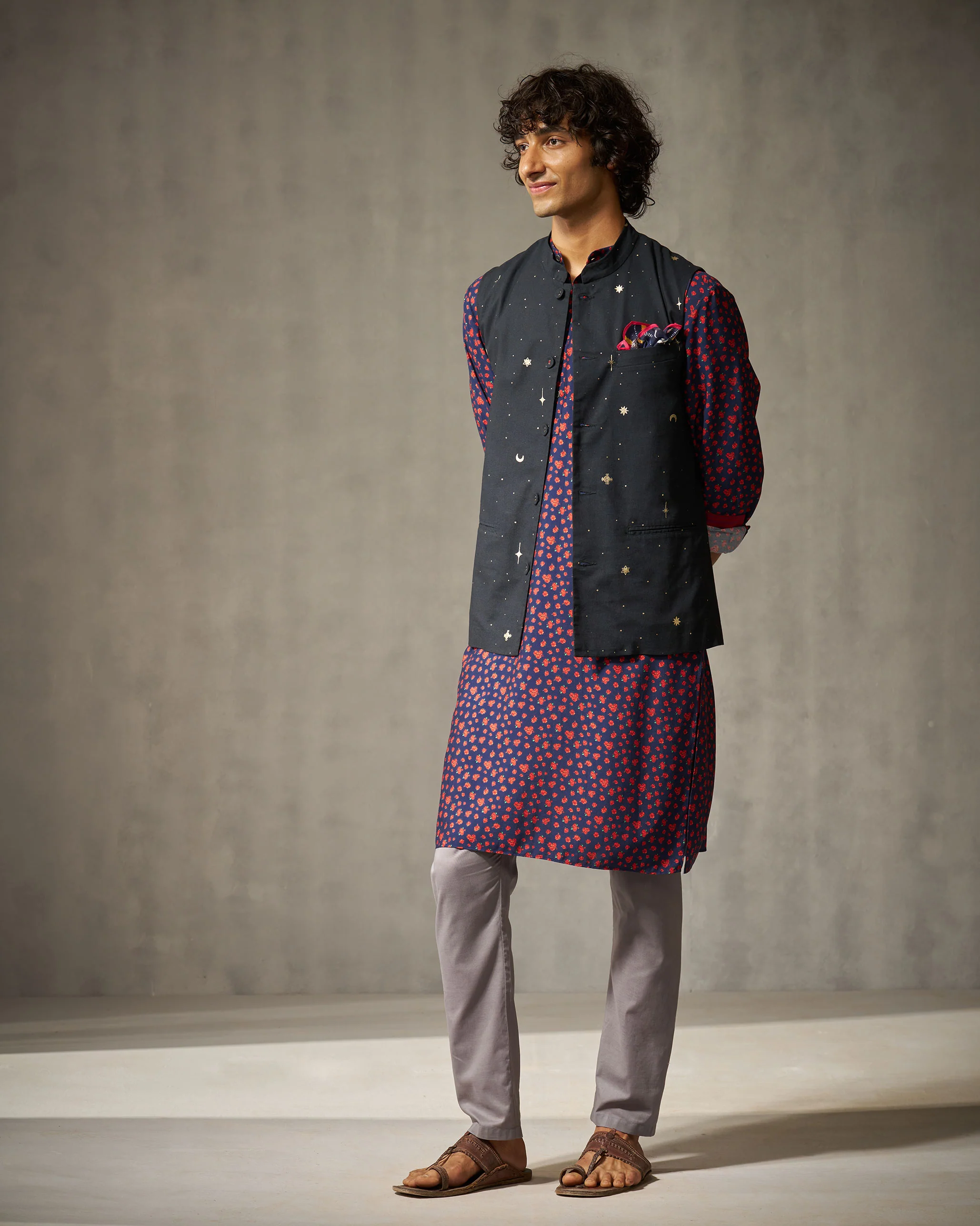 Nehru Jacket - Black Print - Image 5