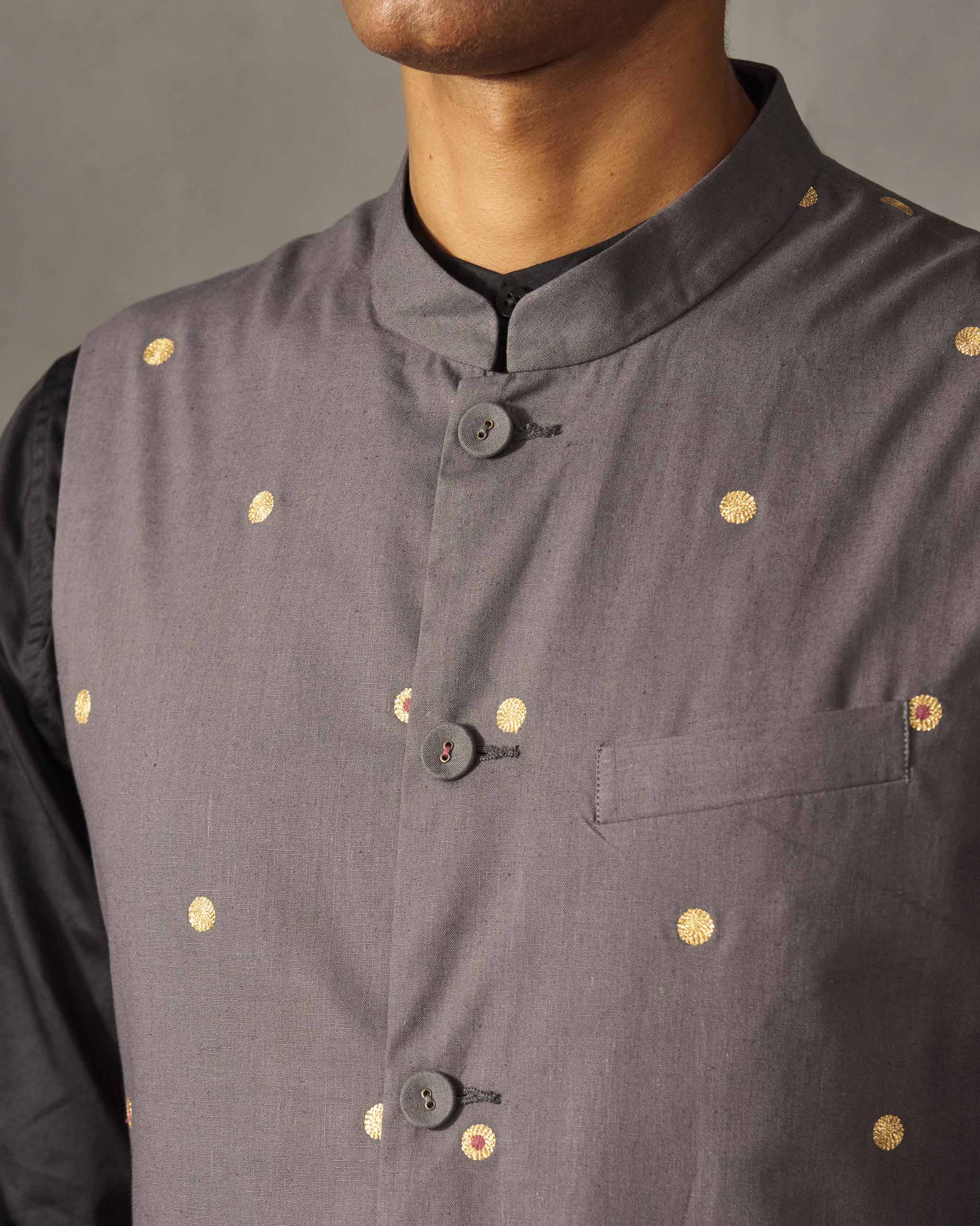 Nehru Jacket - Charcoal & Gold Embroidered - Image 2