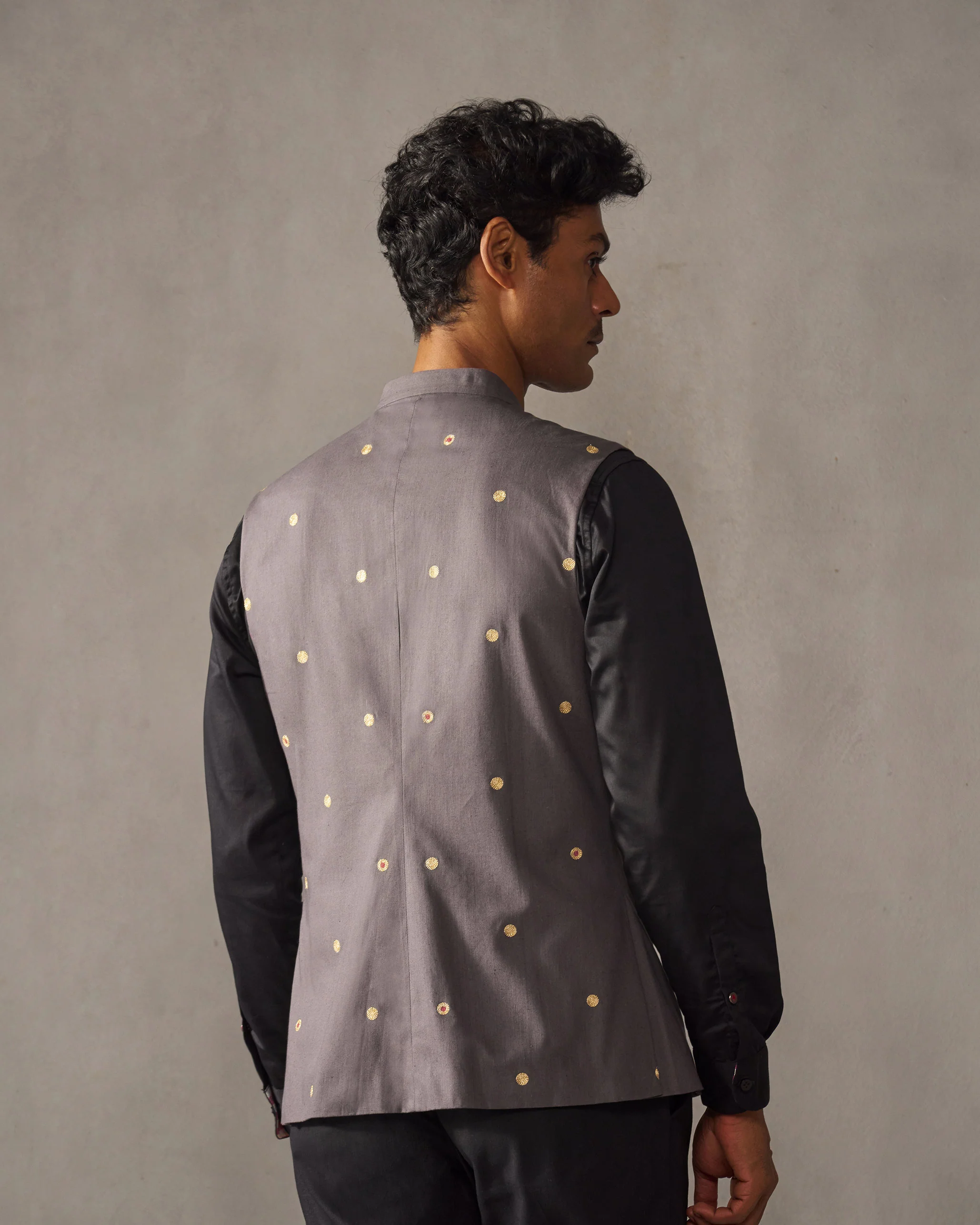 Nehru Jacket - Charcoal & Gold Embroidered - Image 3