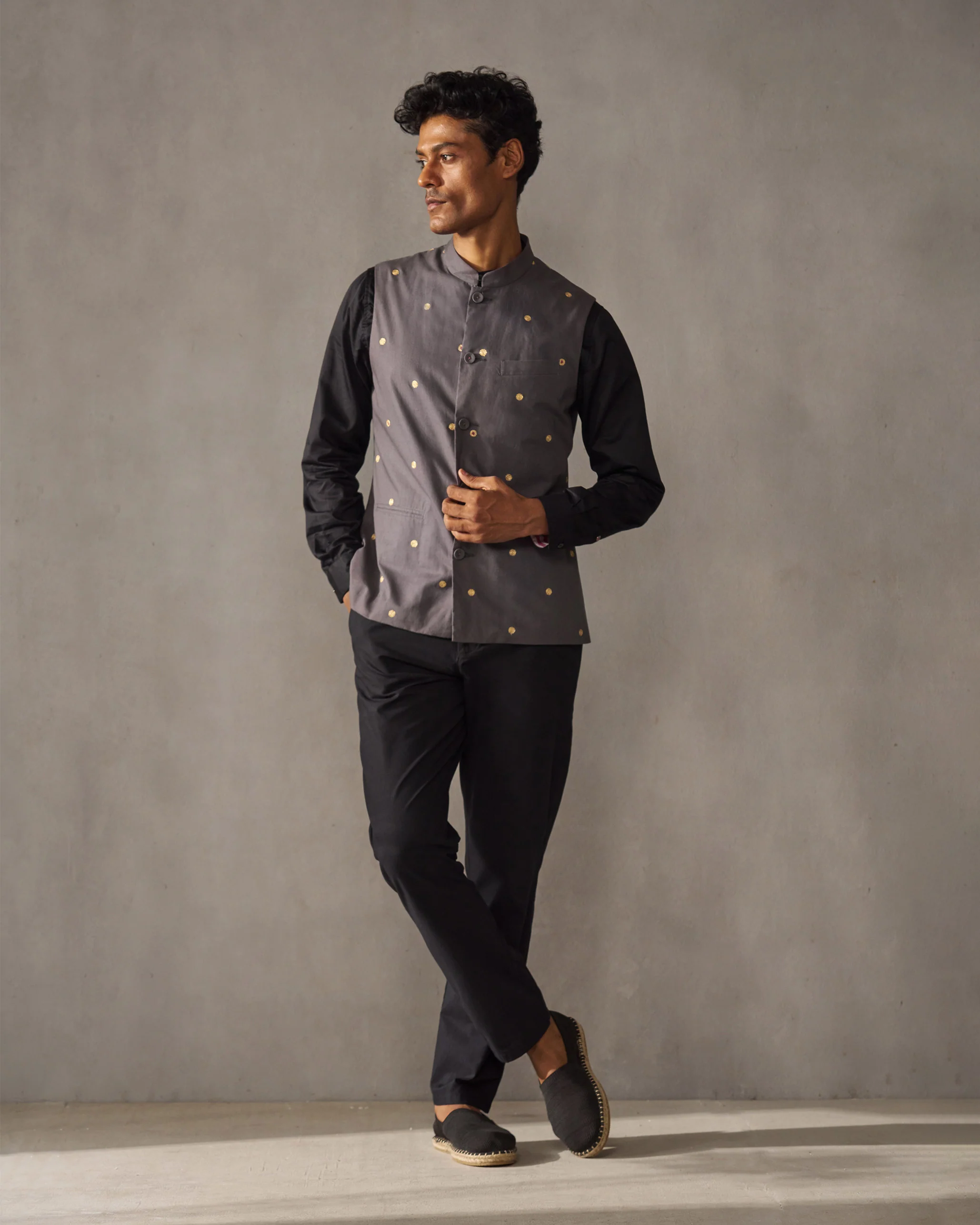 Nehru Jacket - Charcoal & Gold Embroidered - Image 4