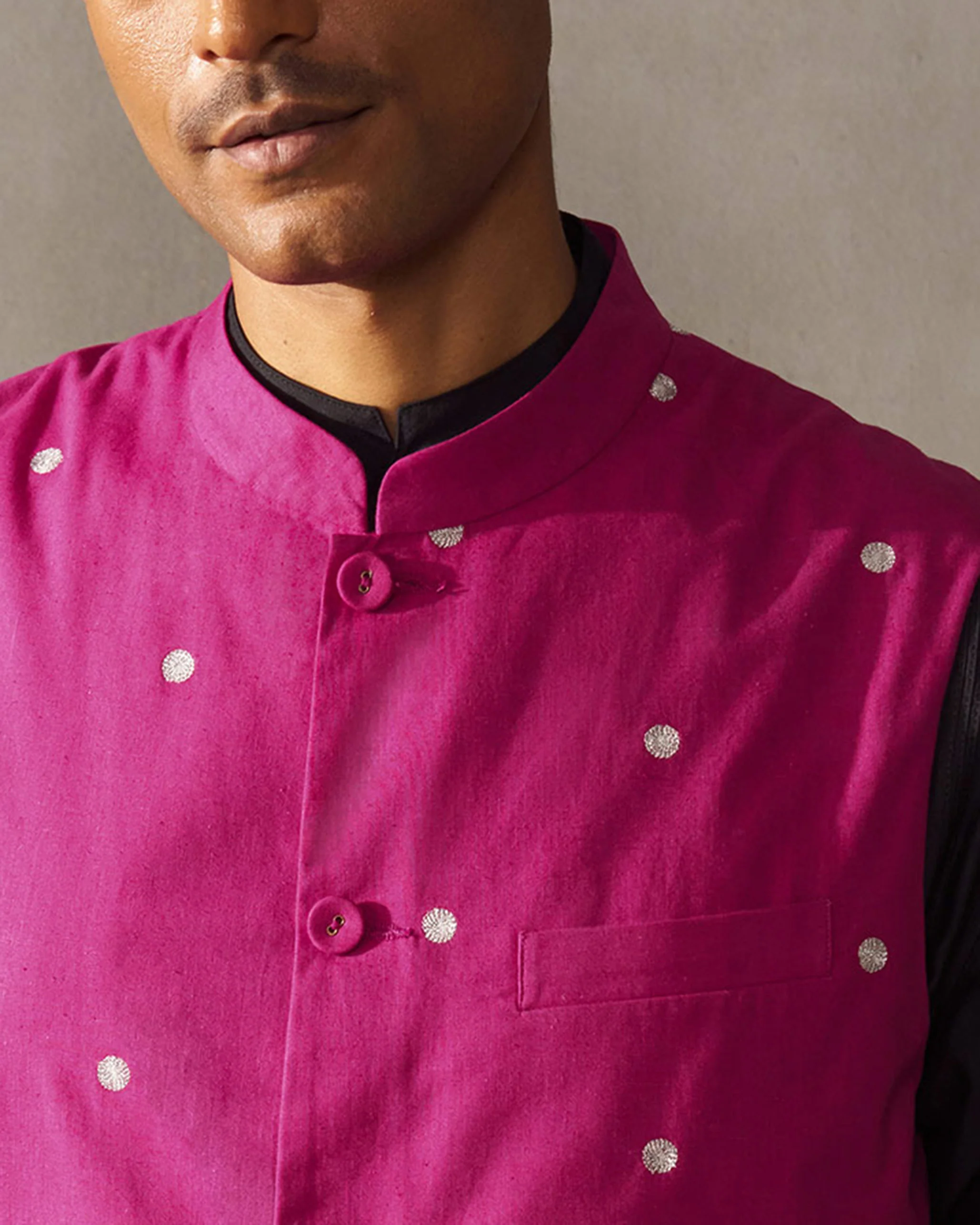 Nehru Jacket - Magenta & Silver Embroidered - Image 2
